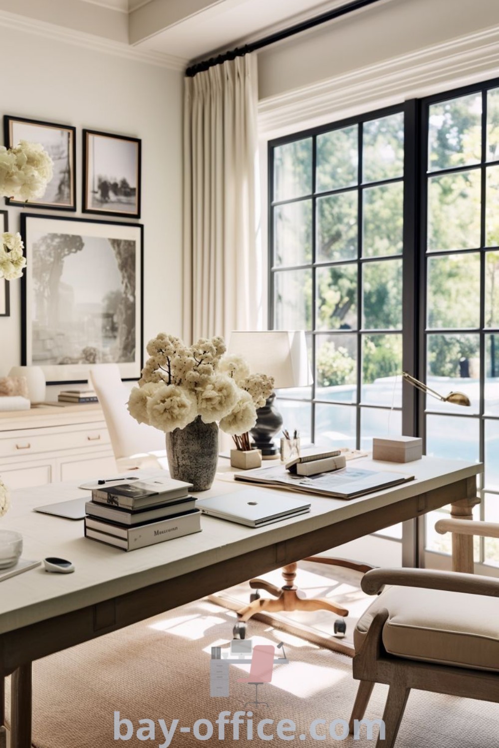 Chic home office area with elegant furniture, flowers on a wooden table, and plenty of natural light from big windows, showcasing inspiring decor ideas and design trends at bay-office.com.