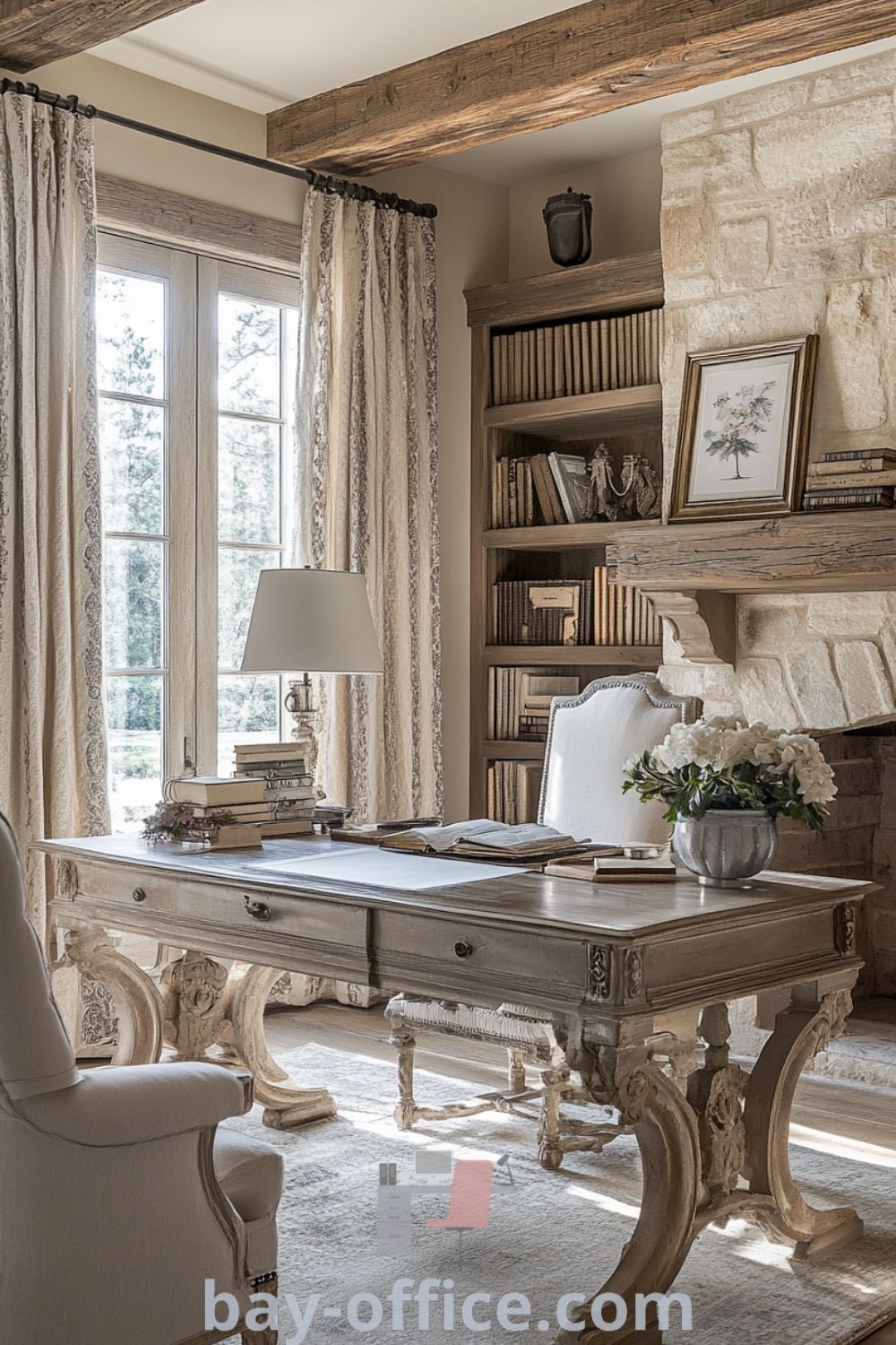 Charming French country home office featuring exposed wooden beams, a rustic stone fireplace, vintage furniture, and soft sunlight through lace curtains. A cozy and inspiring workspace designed to enhance creativity and productivity. Discover more ideas that will inspire productivity at bay-office.com.