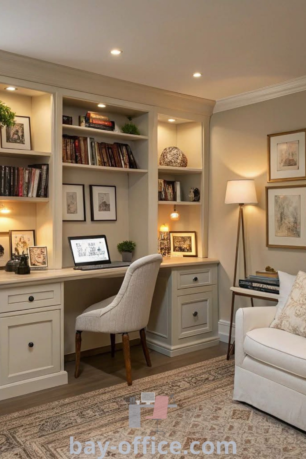 Cozy living room features an office snug room with plenty of bookshelves and a desk in the middle, showcasing versatile designs for home offices, family study rooms, and ideas that inspire productivity at bay-office.com.