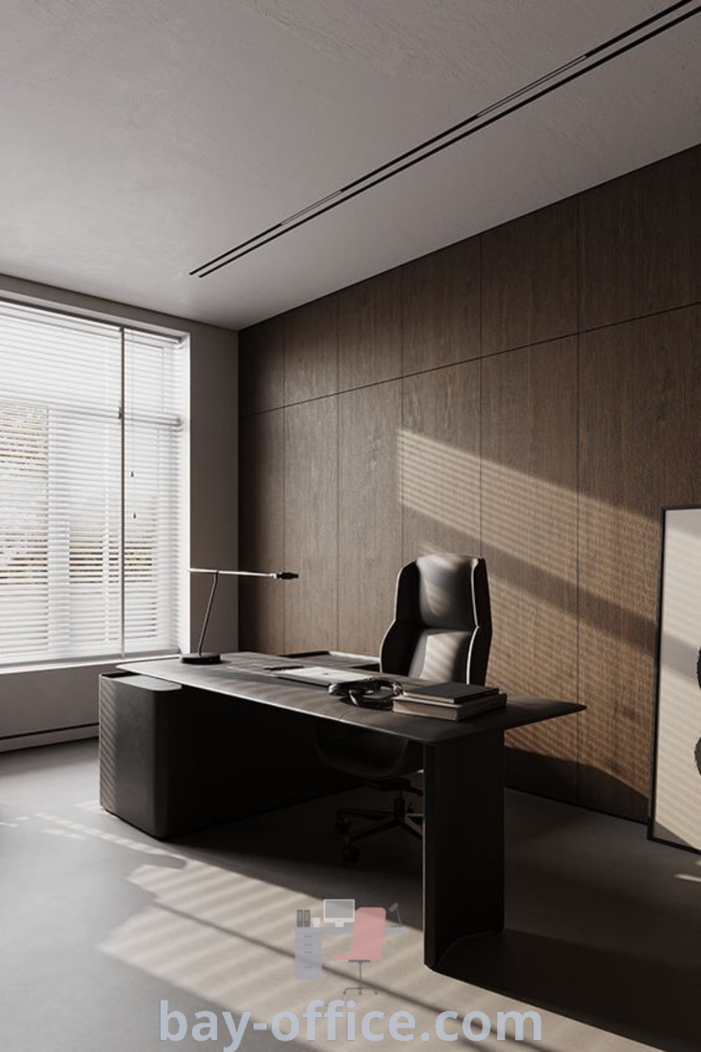 Stylish dark wood office featuring a desk, chair, and large window, ideal for luxury office decor. This inspiring workspace promotes productivity and comfort, showcasing design trends that will transform your home office experience. Visit bay-office.com for more decorating ideas.