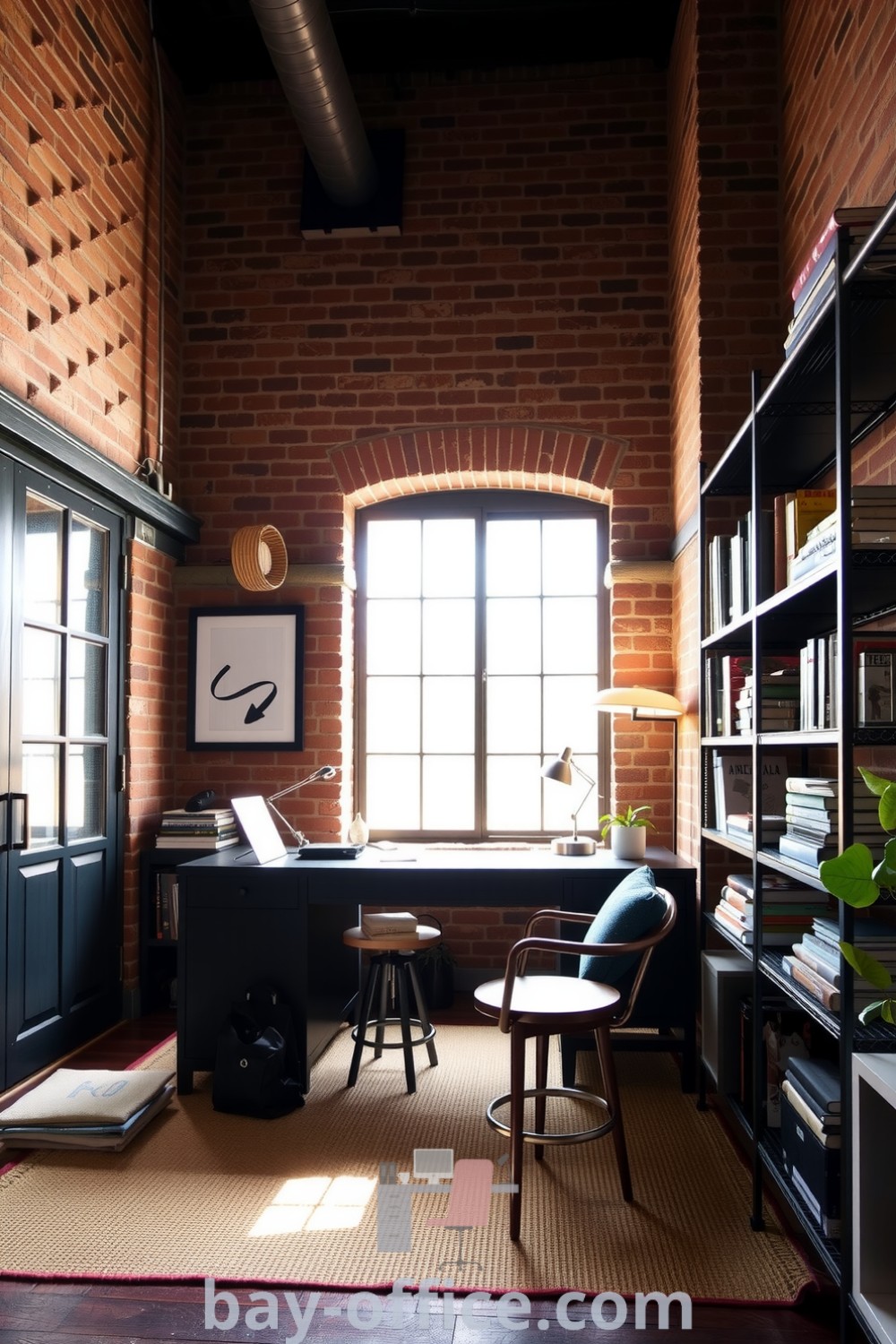 Black loft home office featuring exposed brick walls, high ceilings, a dark wooden desk, cozy armchair, and metal shelves with books, designed to inspire productivity and comfort. Discover design tips and inspiring decor ideas for small spaces at bay-office.com.