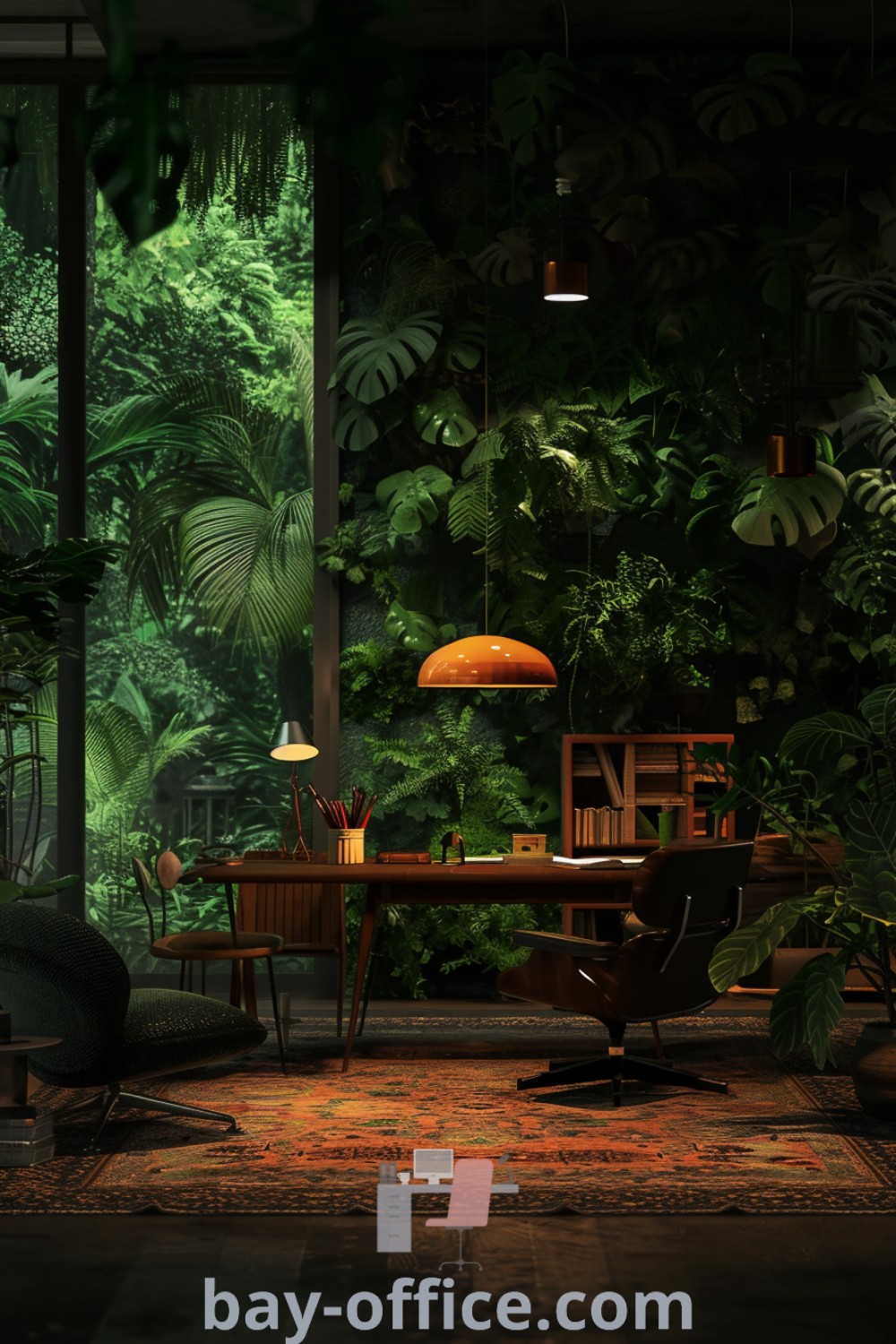 Nature-inspired home study design featuring plants on the wall and a wood desk, creating a cozy and inspiring setup for productivity. Discover decorating ideas and design tips for your Chicago apartment or dream office at bay-office.com.