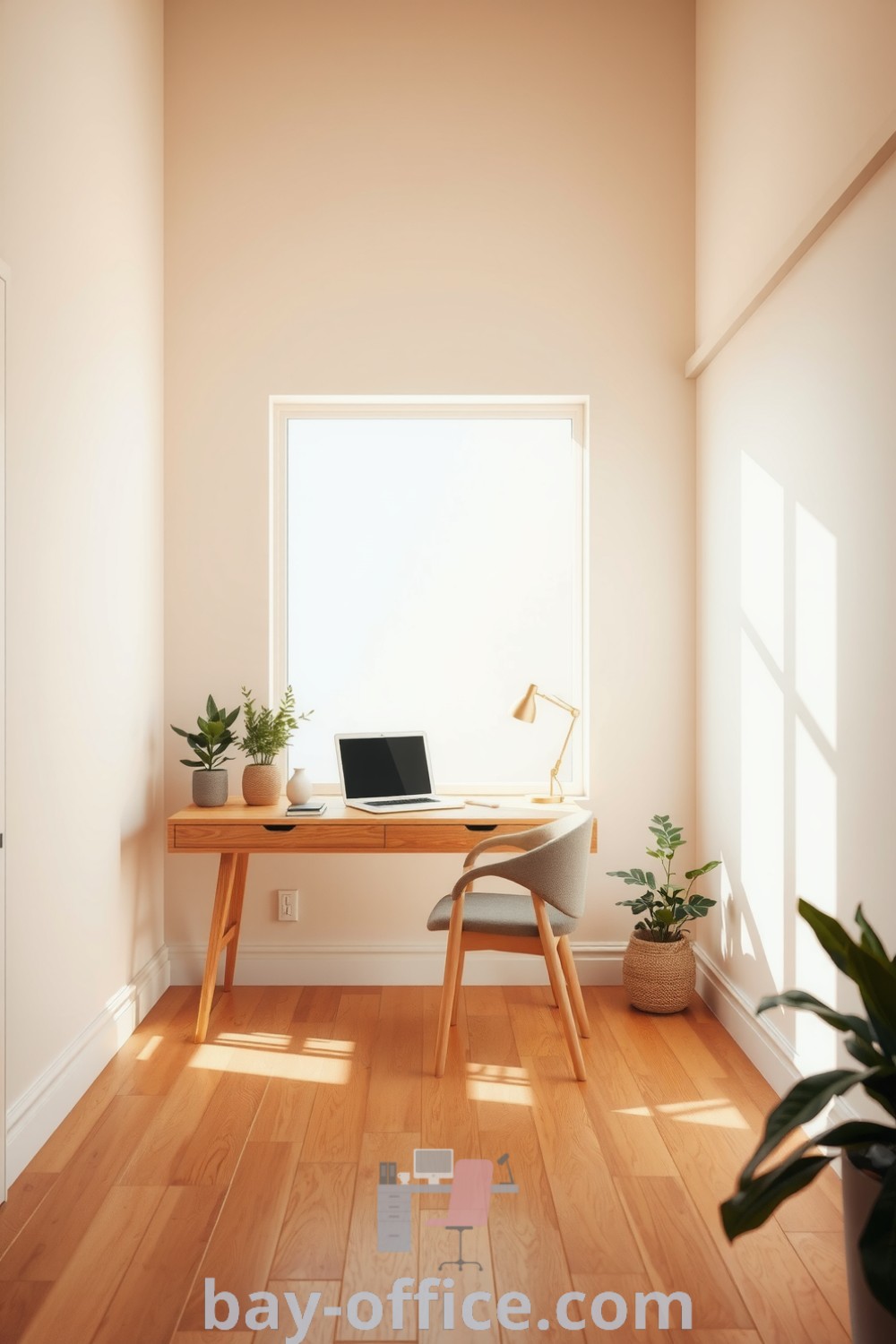 A minimalist home office featuring soft beige tones, natural light, wooden desk, and comfortable chair, enhanced by plants and art, designed to inspire productivity and create a cozy atmosphere. Discover inspiring decor ideas at bay-office.com.