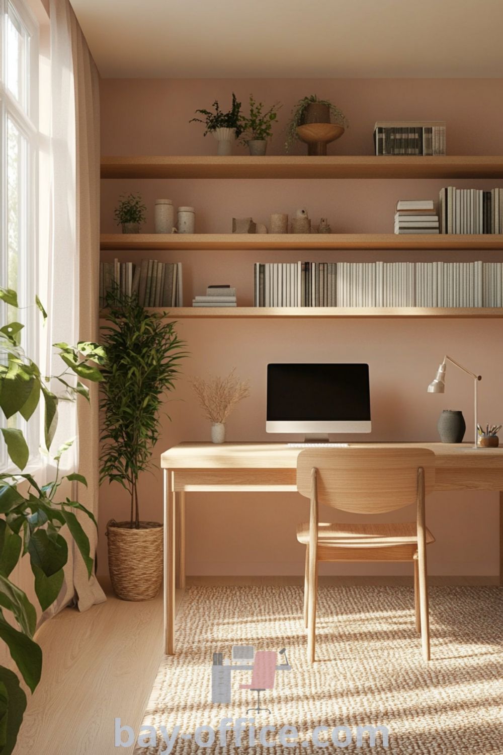 Scandinavian home office with soft pink walls, a natural wood desk by a large window, potted plants, and books on shelves, creating a cozy and inviting workspace. Ideal for boosting productivity and warmth in small spaces. Explore more design ideas at bay-office.com.