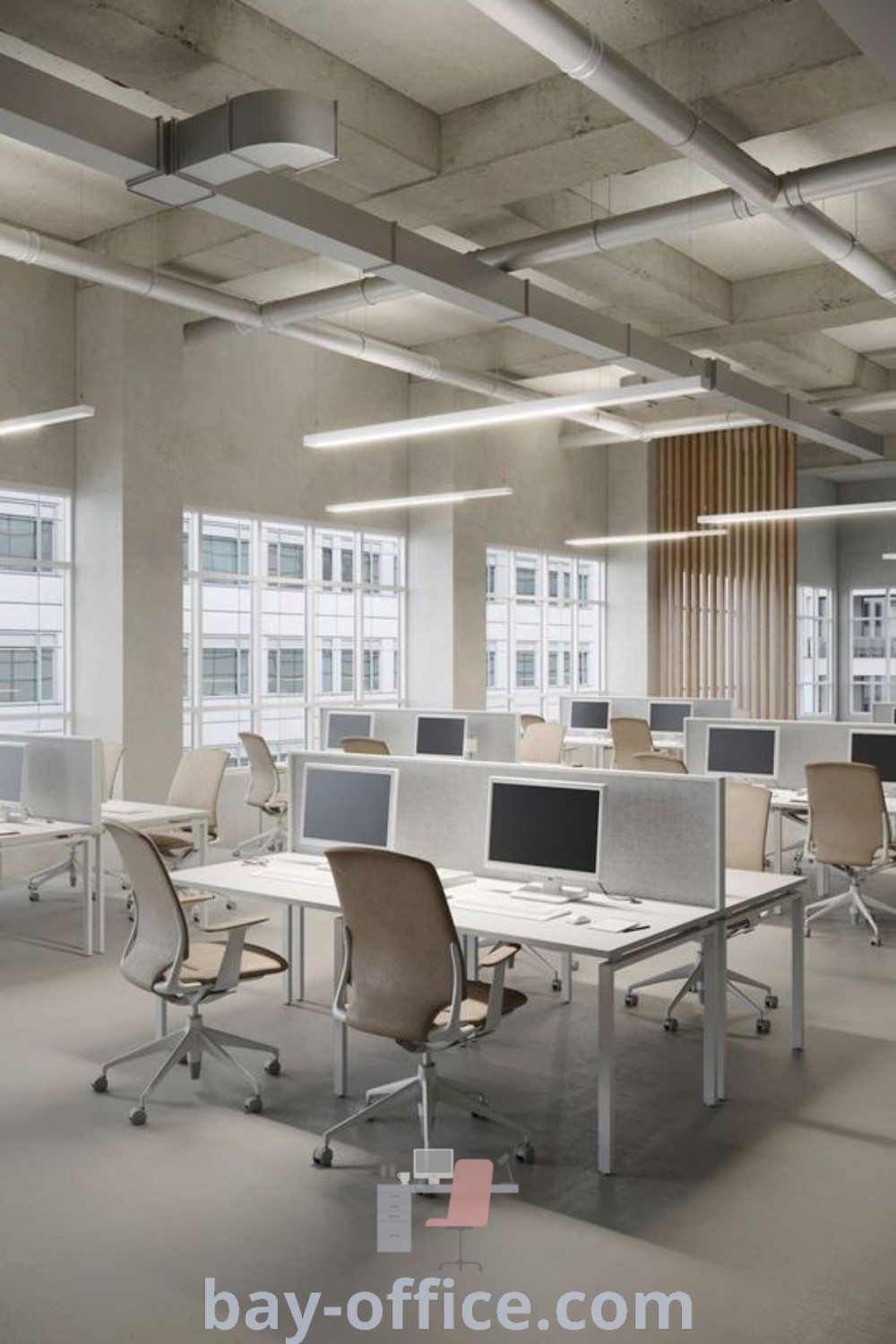 An empty office featuring desks and chairs with large windows, showcasing timeless office design inspiring minimal and modern office aesthetics. Ideal for those looking for office lighting design and decor ideas that enhance productivity. Find more on bay-office.com.