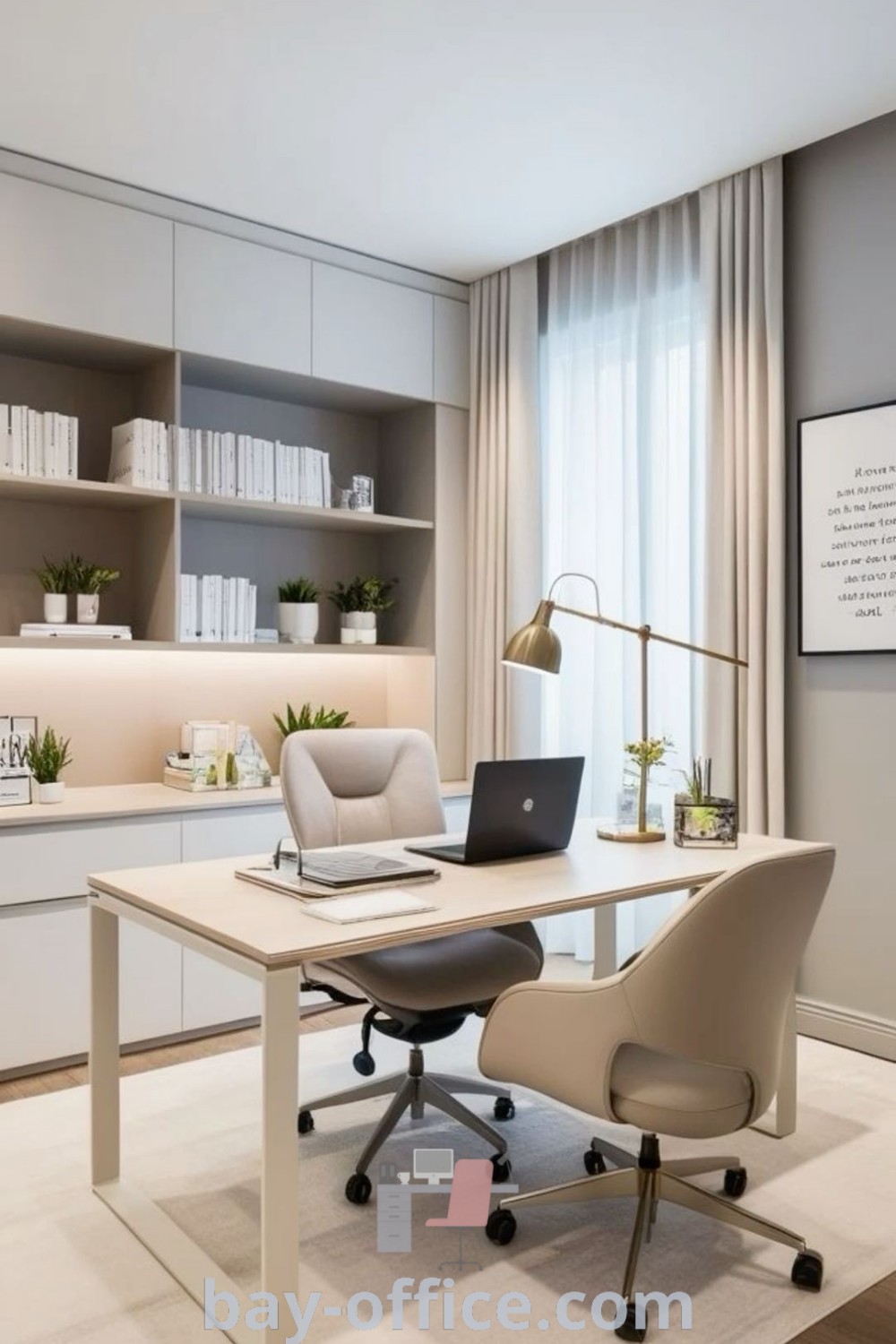 Windowless office setup featuring a desk, chair, and laptop, showcasing inspiring design tips for small office interior design and workspace organization. Explore the best ideas for a cozy aesthetic at bay-office.com.