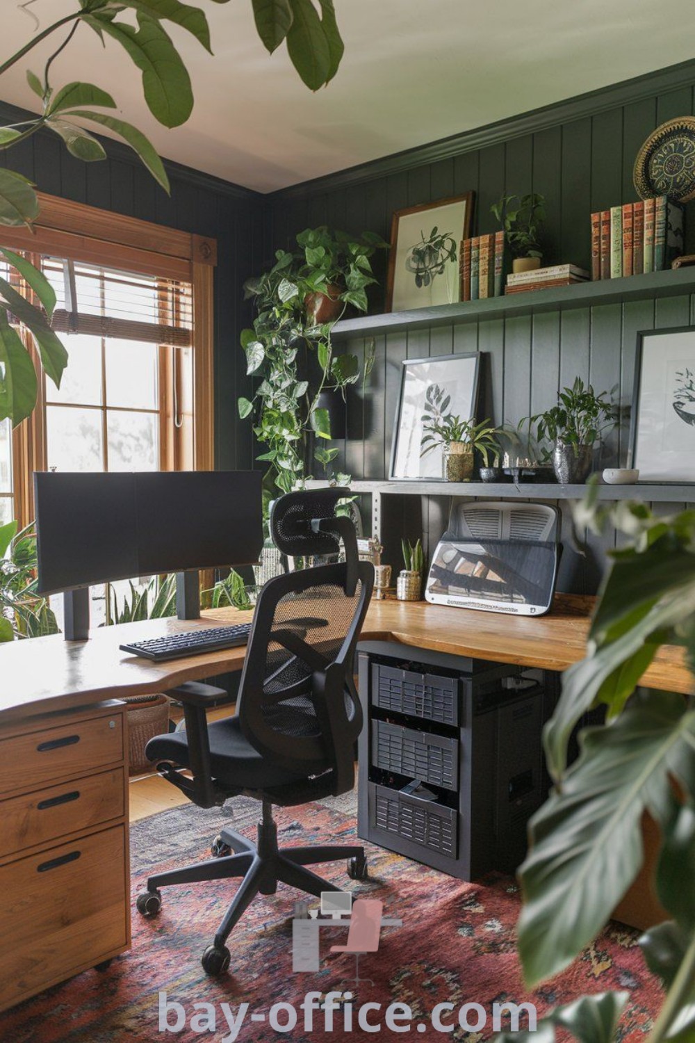 Cozy home office setup with a spacious wooden desk, ergonomic chair, and leafy green plants. Features calming decor and cottage core aesthetic for an inspiring workspace that boosts productivity. Explore more ideas you