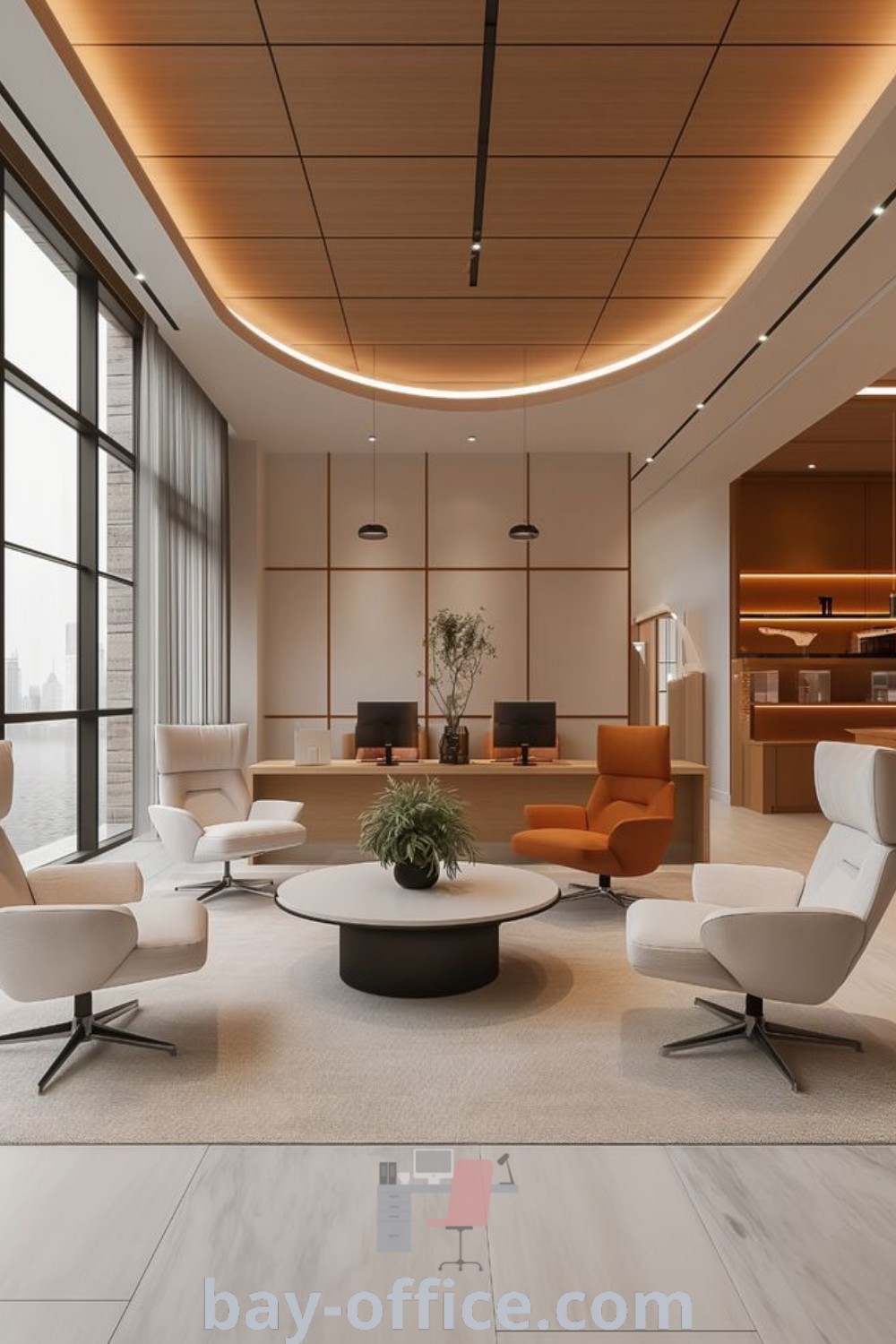 Conference room featuring modern Japandi office design, large windows, and inviting decor, suitable for multi office spaces and trendy conference settings. Discover stylish ideas that inspire productivity and comfort at bay-office.com.