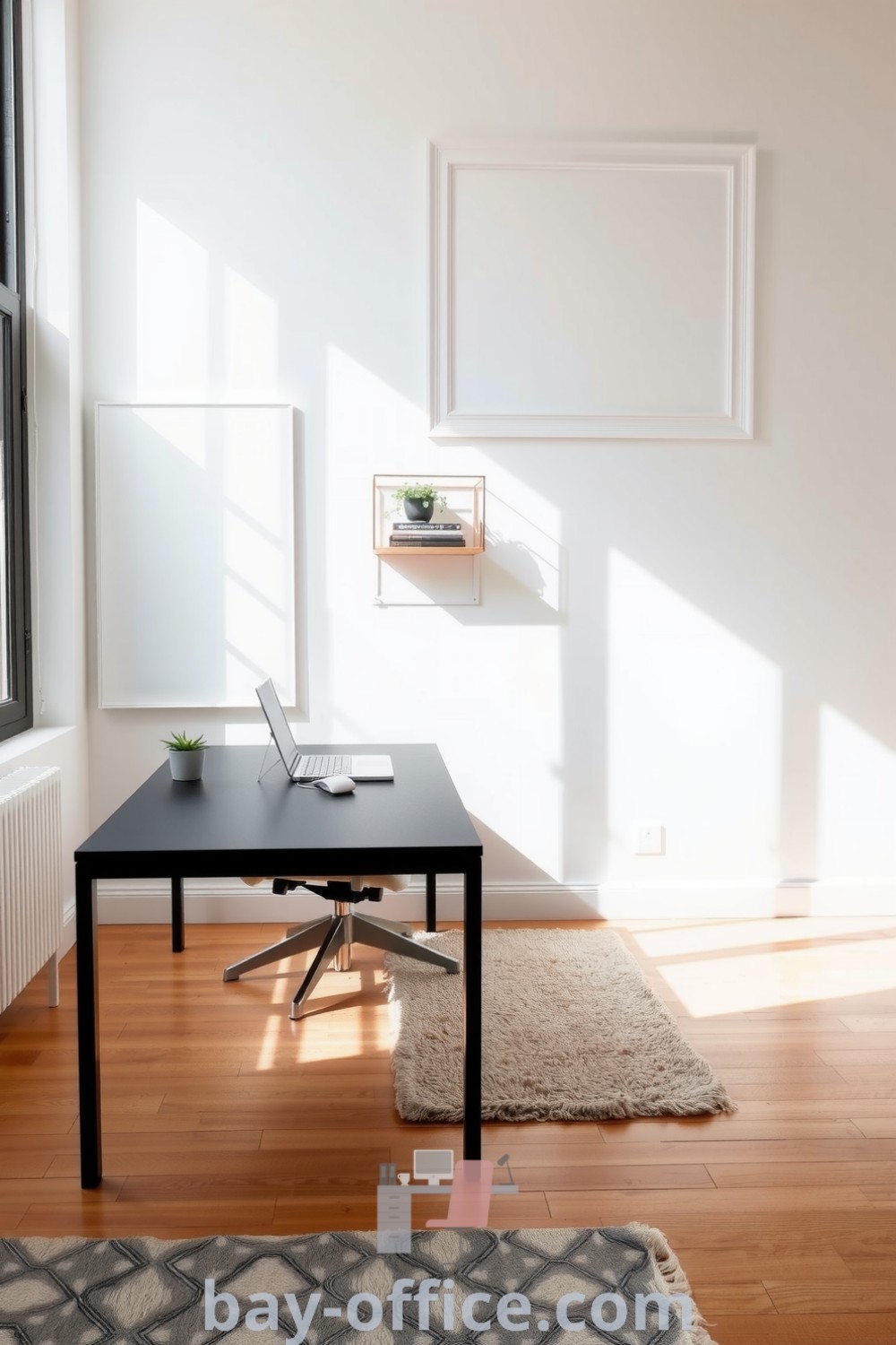Minimalist home office featuring a black desk, warm wooden floors, natural light, simple shelving with books and a plant, and a neutral rug creating a cozy and inspiring atmosphere. Discover more ideas that foster productivity at bay-office.com.
