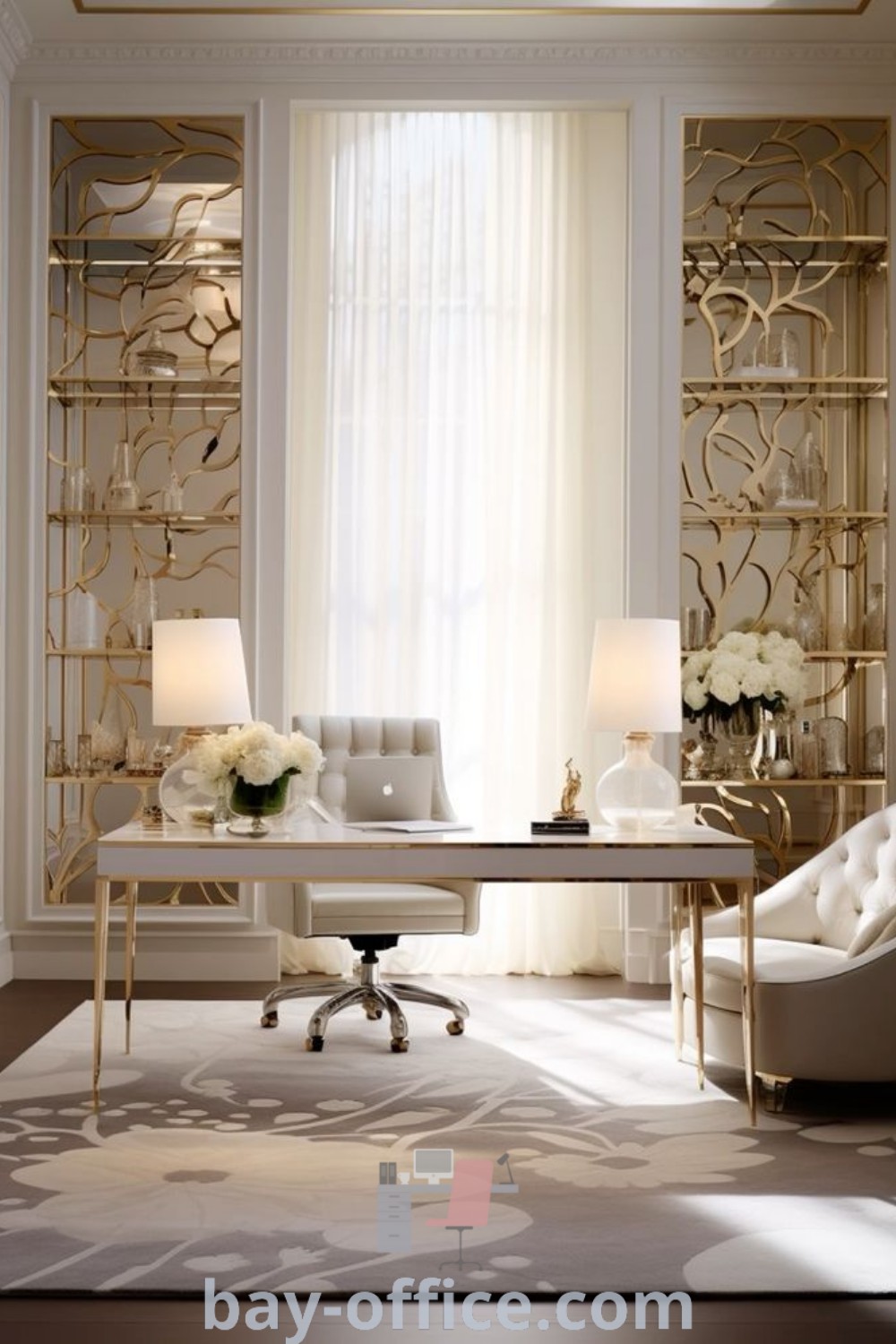 Elegant home office with two chairs, a desk by a window featuring white flowers. Ideas that inspire productivity and cozy aesthetics for a stylish workspace. Discover more inspiring decor ideas for small spaces at bay-office.com.