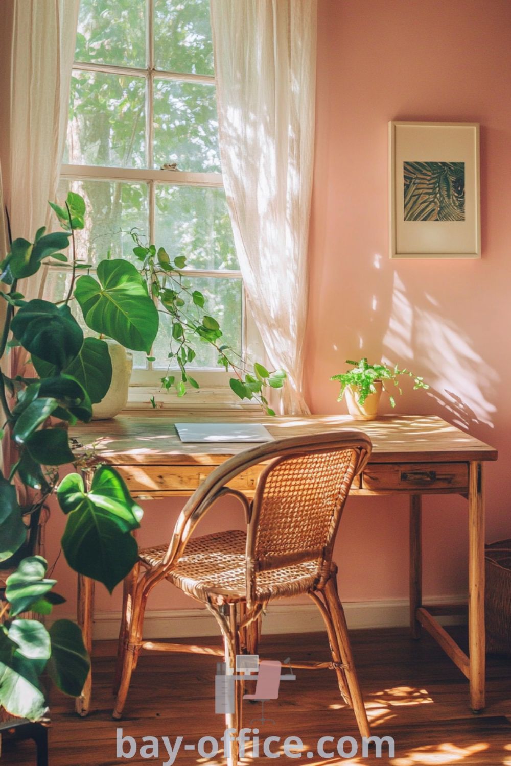 Cozy nature-inspired home office with soft pink walls, wooden desk, wicker chair, and leafy plants, designed to enhance productivity in a tranquil environment. Discover more inspiring decor ideas at bay-office.com.