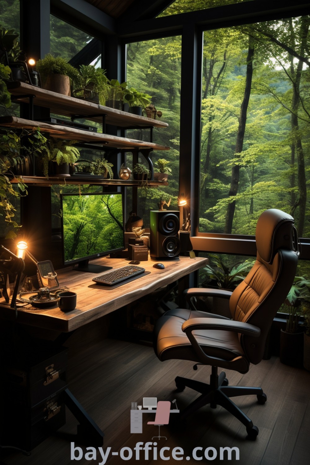 A chair surrounded by lush office greenery in a bright modern workspace, integrating natural elements into industrial loft design. Discover inspiring office decor ideas for home or apartment settings at bay-office.com.