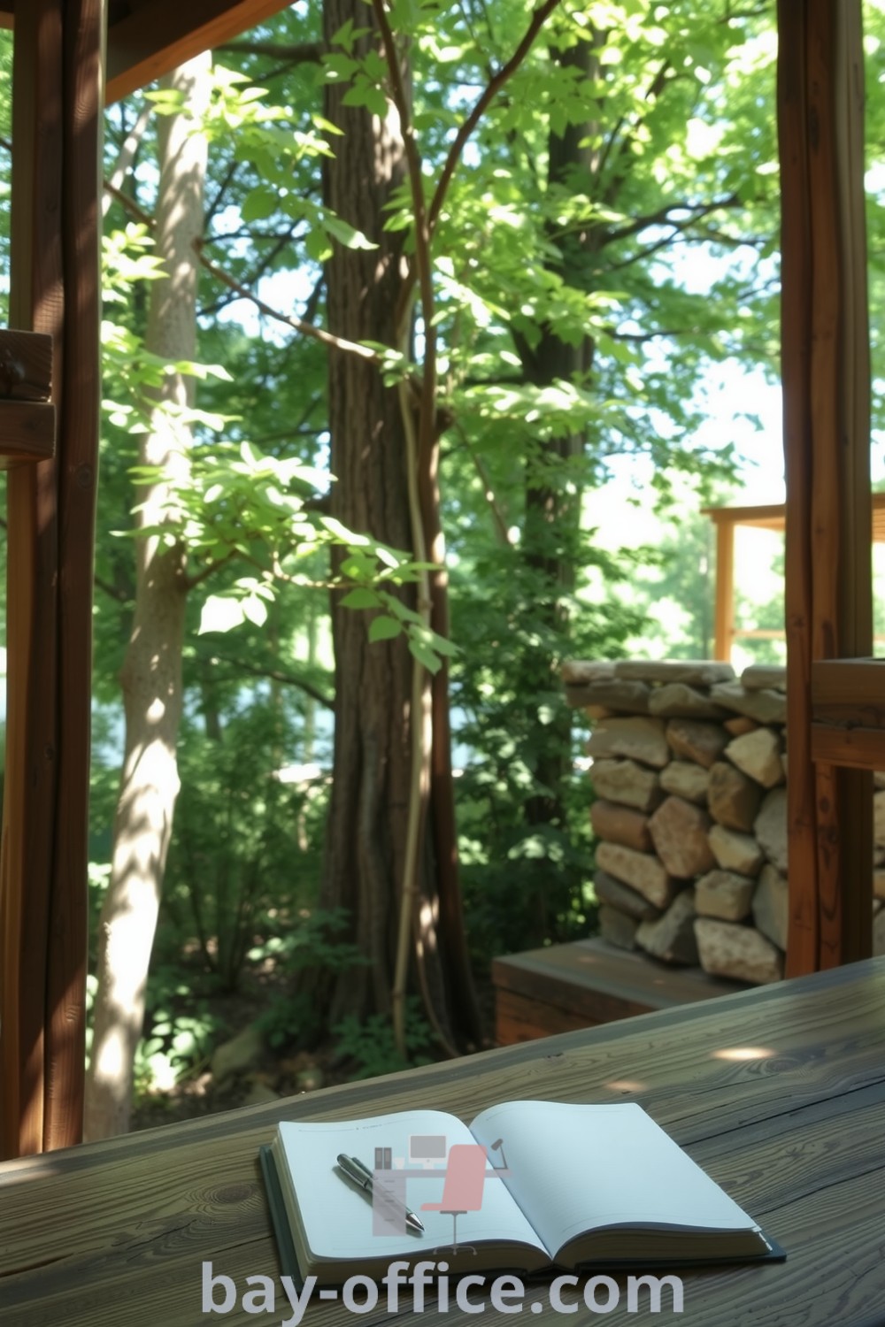 Nature-inspired home office nestled among trees with rustic decor, weathered wood, and stone wall, designed to inspire productivity and focus. Explore more ideas at bay-office.com.