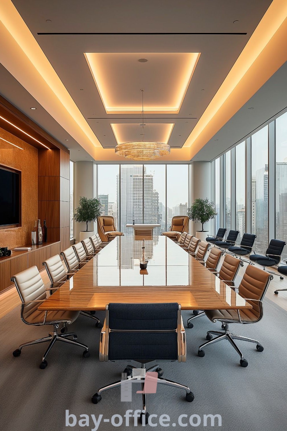Empty conference room with stylish design elements, featuring a large table and chairs, overlooking the city through a bright window. Perfect for corporate meetings and collaboration areas. Explore more office conference room interior design ideas at bay-office.com.