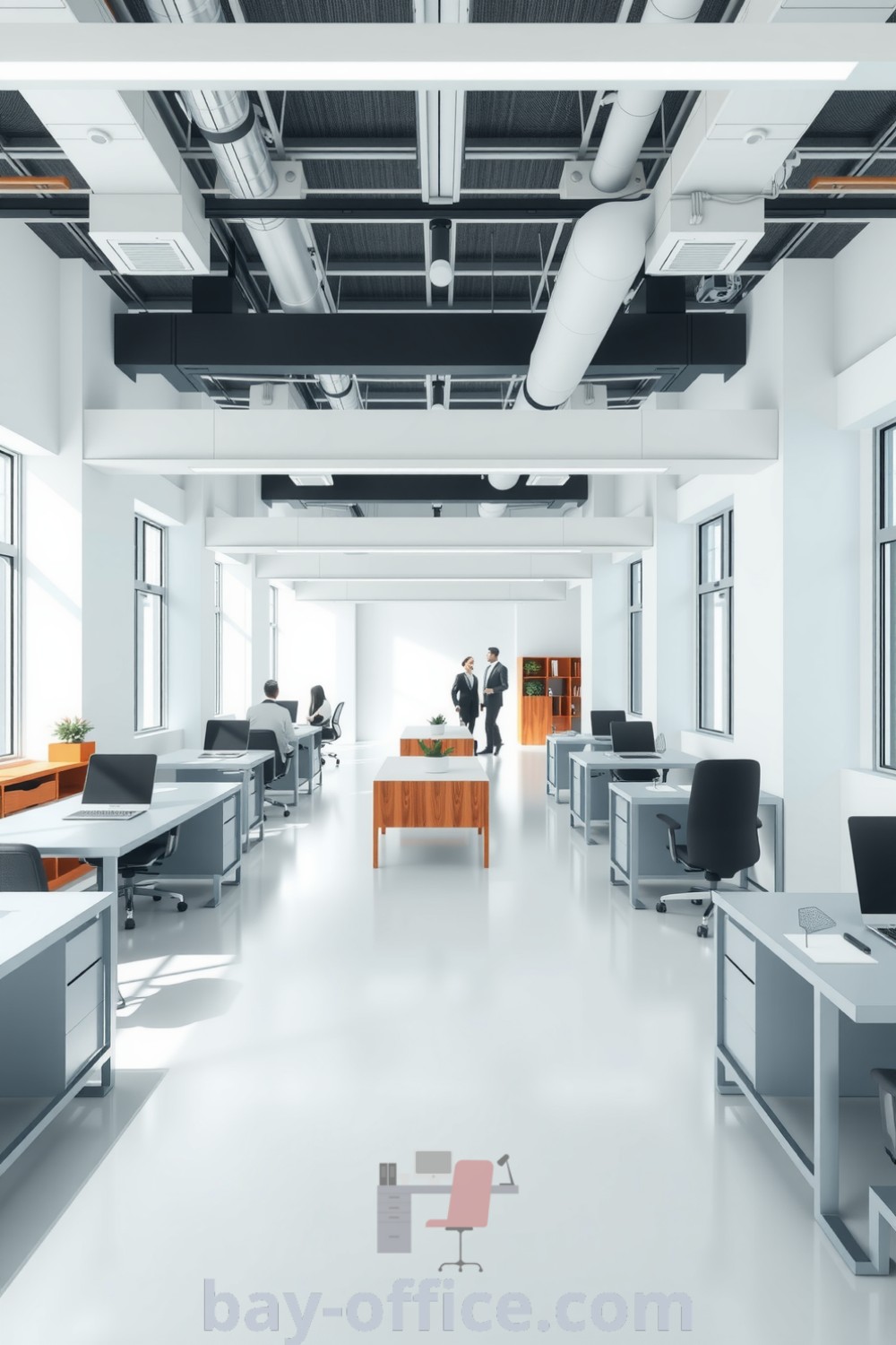 Minimalist corporate office with white walls, sleek metal desks, and wooden accents, creating a serene and inviting atmosphere for productivity and collaboration. Explore more ideas that will inspire productivity at bay-office.com.