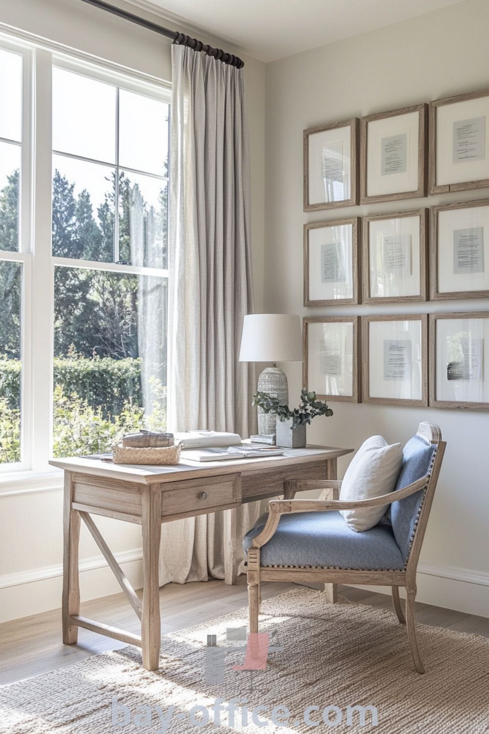 Scandinavian home office with light oak desk, cozy armchair, soft blue accents, and large windows, designed for productivity and relaxation. This inviting space showcases decor ideas for small spaces and inspires a cozy aesthetic for working from home. Discover more ideas at bay-office.com.