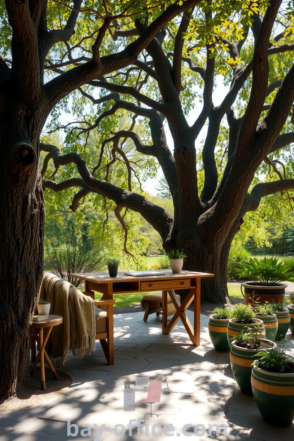 A cozy nature-inspired home office featuring a rustic wooden desk, an armchair draped with an earthy throw, and plants in handmade pots beneath oak trees. Perfect for enhancing creativity and productivity in a serene setting. Discover more design tips and ideas that will inspire productivity at bay-office.com.