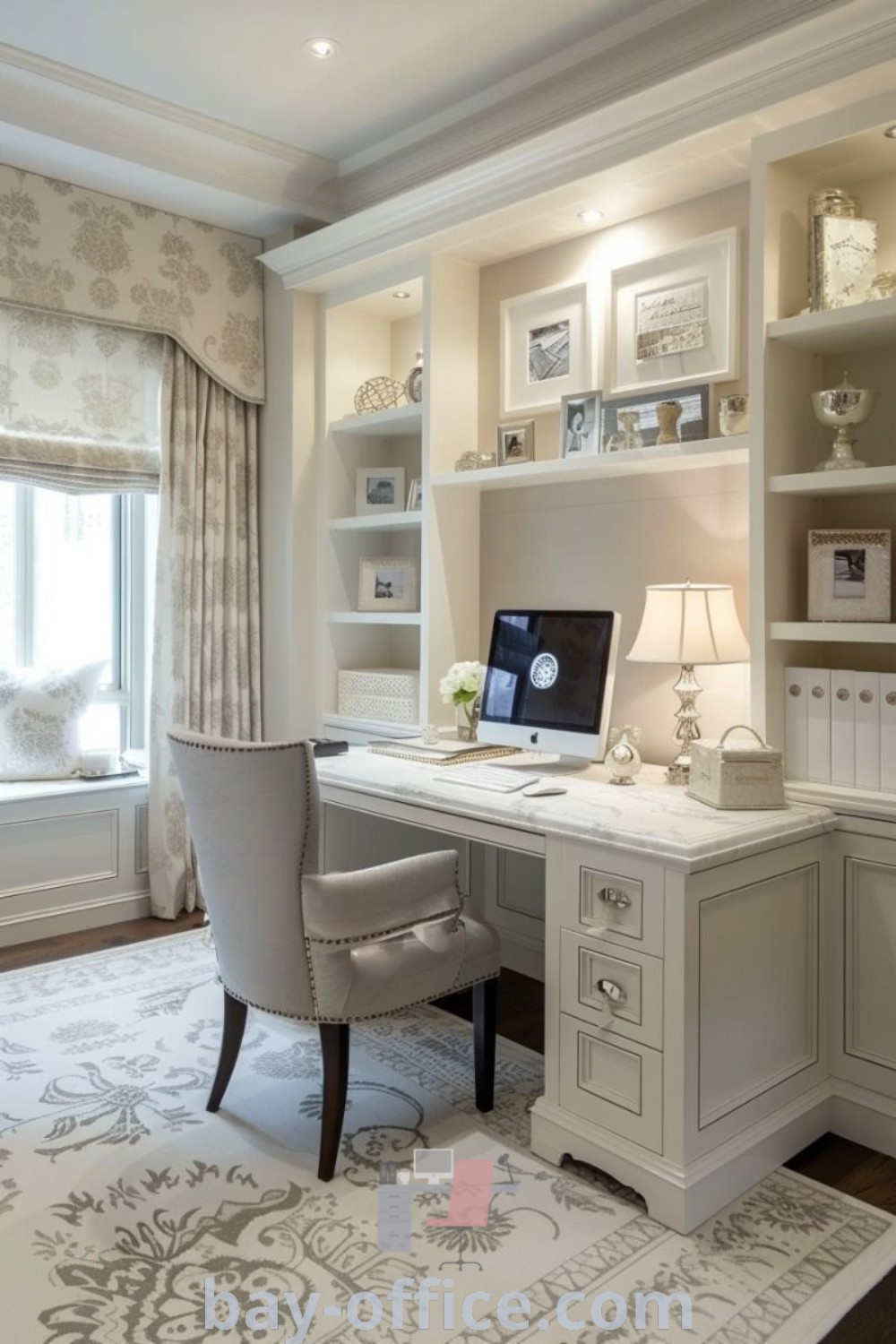 Home office with built-in shelving, stylish desk, and chair by a window, showcasing French inspired decor elements. Perfect for small spaces, this upscale home office design includes ideas that inspire productivity and create a cozy aesthetic. Discover more about elegant craft room setups and decor ideas at bay-office.com.