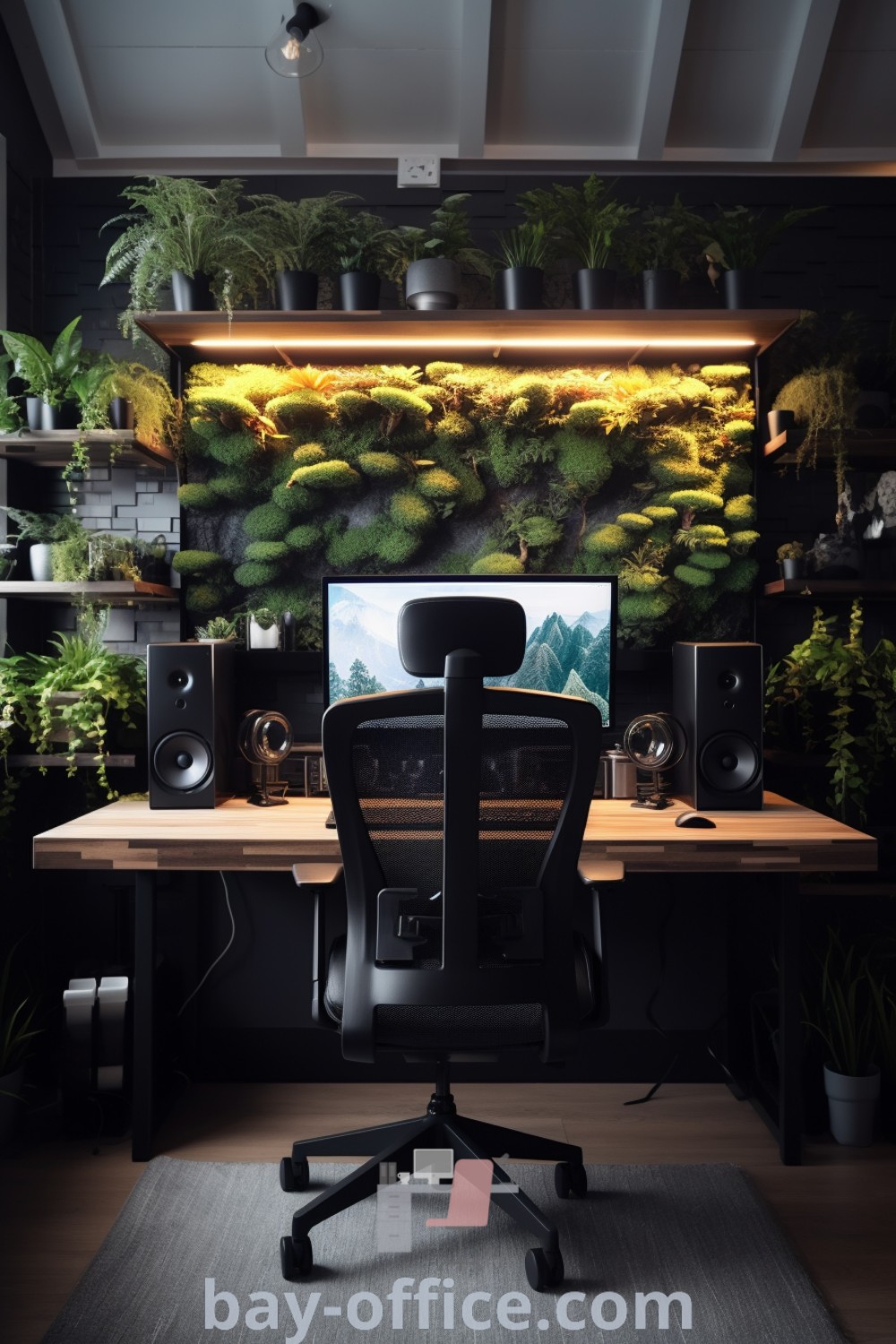 Nature-themed office with plants on the wall and a computer desk, showcasing minimalist setup ideas that inspire productivity. Perfect for home offices and small spaces. Explore more design tips and cozy aesthetic ideas at bay-office.com.