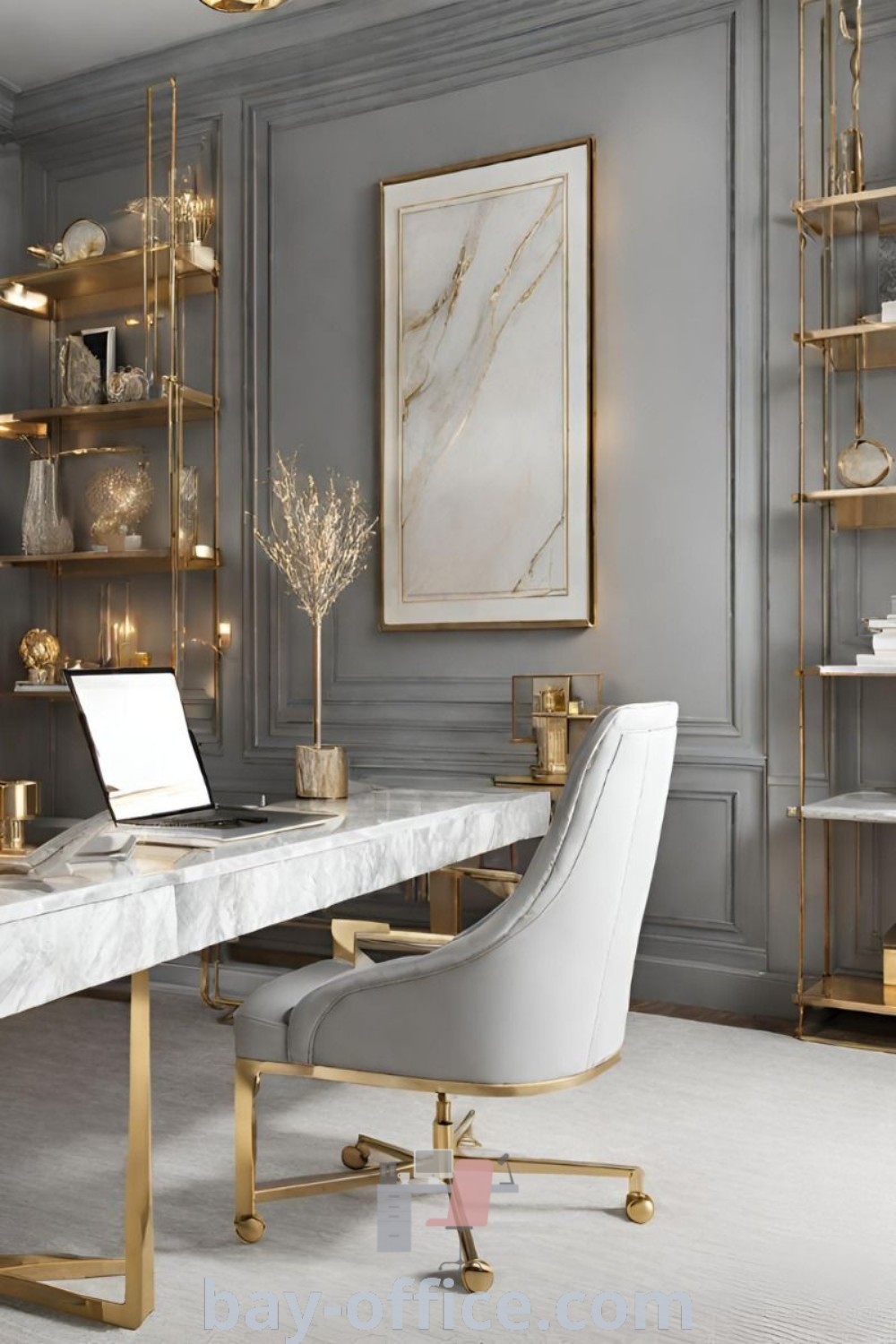 Elegant office featuring gold accents and marble desk in French modern style, showcasing luxury office decor and glamorous home office design ideas. Discover creative decor tips to inspire productivity at bay-office.com.