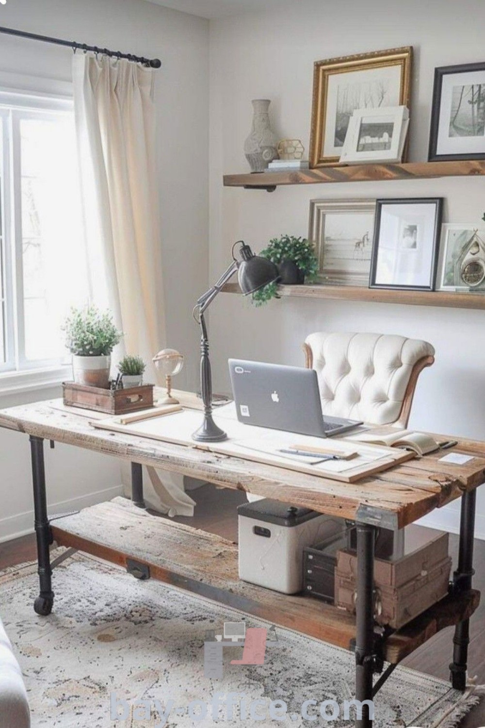 Cozy home office setup featuring a laptop on a wooden desk in front of a window, enriched by decor ideas for small spaces that inspire productivity. Discover more best ideas and design tips at bay-office.com.
