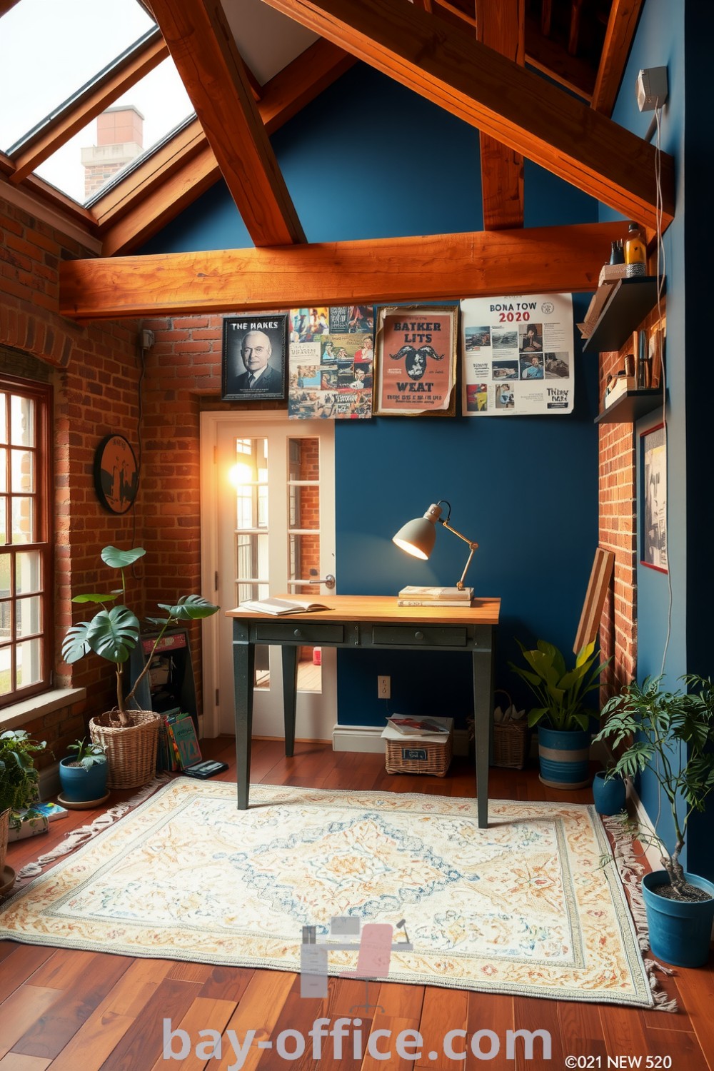 Cozy home office featuring exposed brick walls, wooden beams, a metal desk, vintage lamp, and potted plants, creating an inspiring and productive space. Discover design trends and decor ideas for small spaces at bay-office.com.