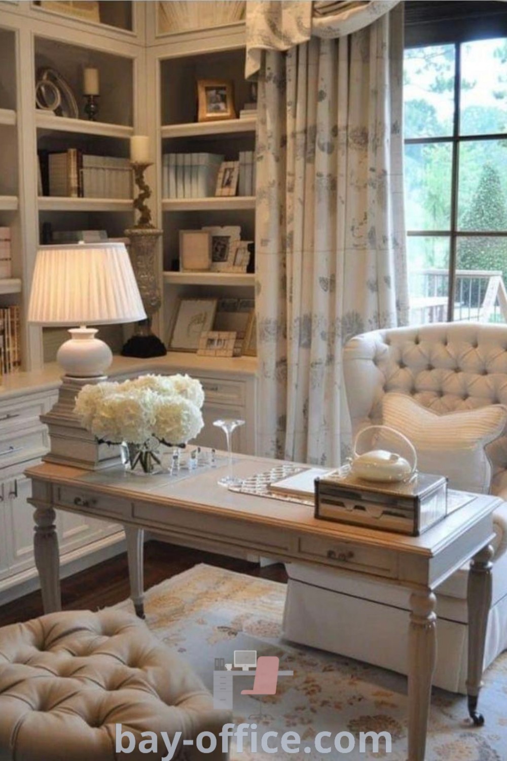 Cozy home office setup in a living room filled with furniture and bookshelves, designed to inspire productivity and comfort. Discover ideas for a work-from-home space that combines aesthetic appeal and functionality at bay-office.com.