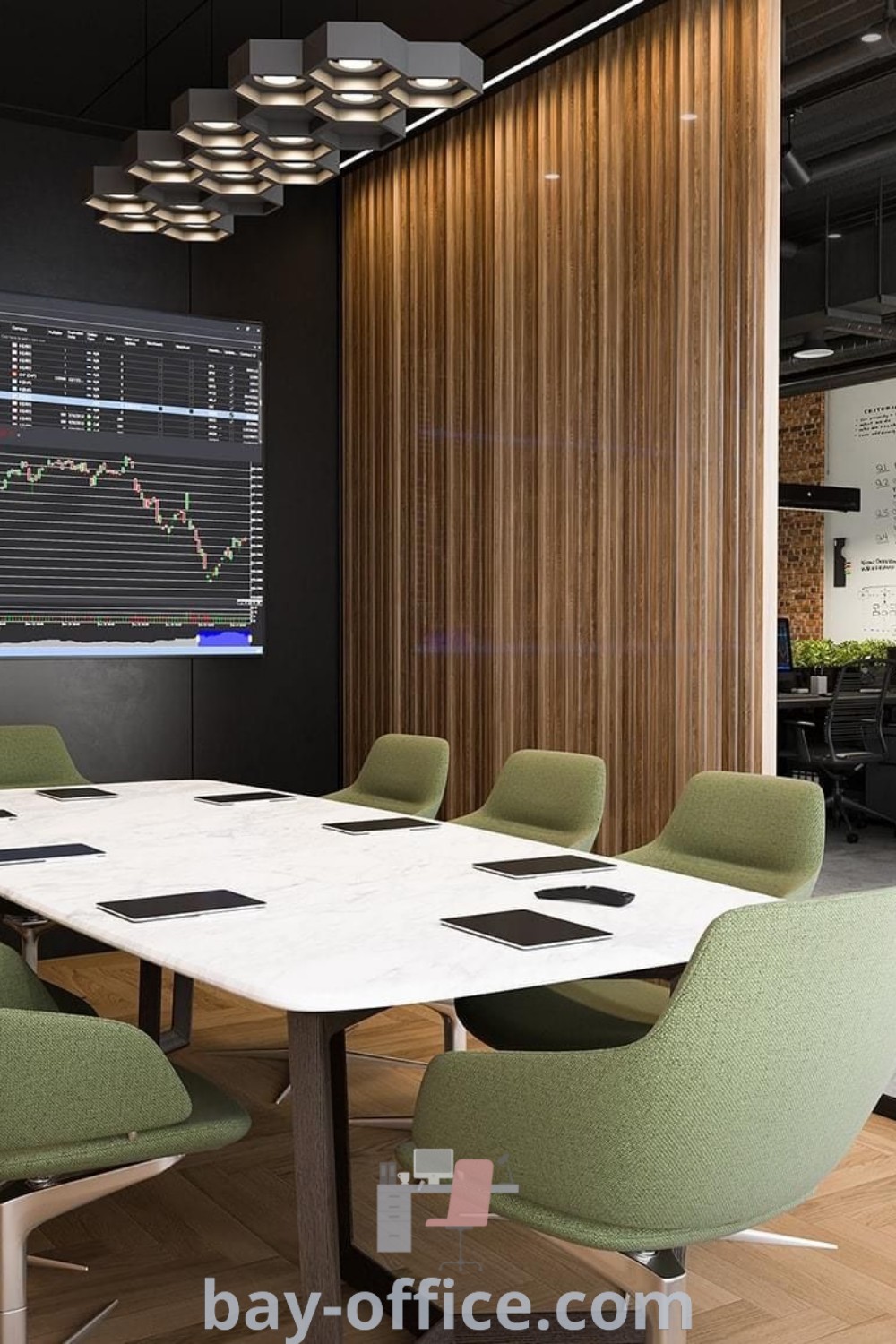 Meeting room featuring a large white table and green chairs, embodying modern office design inspiration and green office design. Perfect for startups and those seeking creative meeting room ideas. Learn more about enhancing workspaces at bay-office.com.
