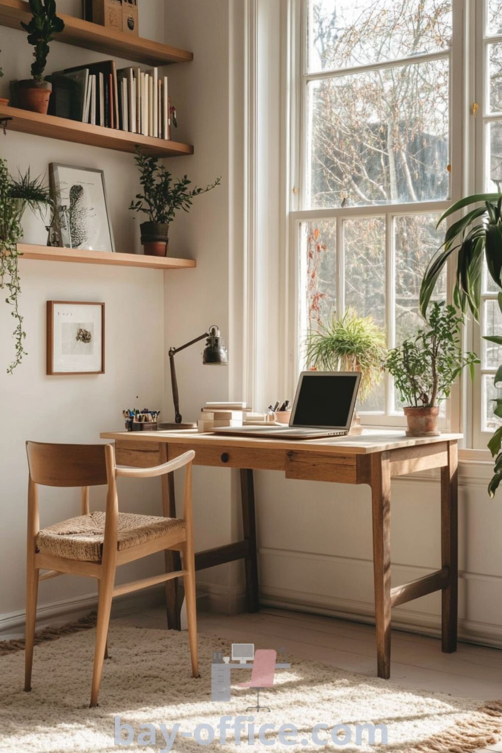 Scandinavian home office featuring white walls, natural wood desk, plants, and books. Sunlight casts shadows on a wool rug, creating a cozy atmosphere ideal for productivity and reflection. For more inspiring decor ideas, visit bay-office.com.