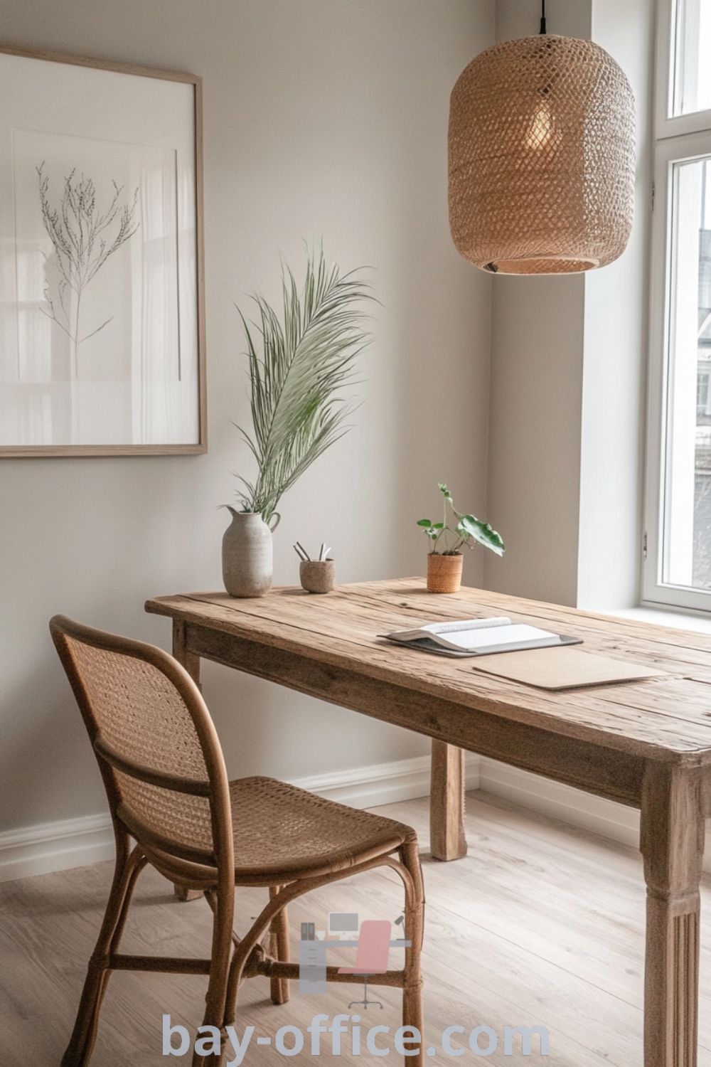 Scandinavian home office featuring beige walls, a rustic wooden desk, cozy seating, and plants, designed to inspire productivity and comfort for a creative work environment. Discover more design tips at bay-office.com.