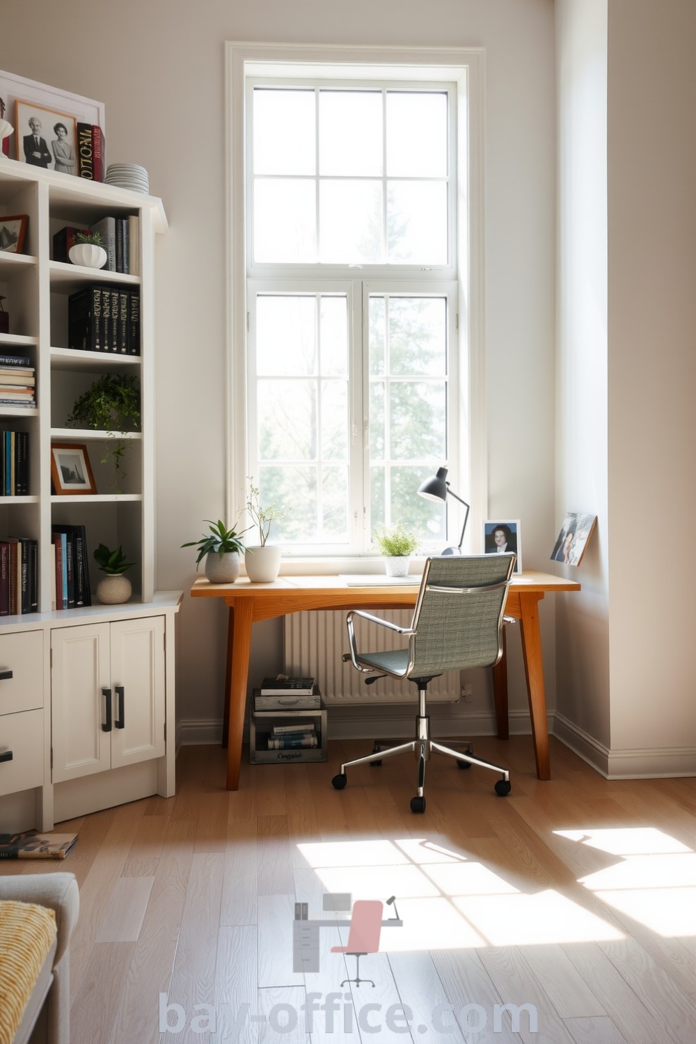 Minimalist home office with natural light, wooden desk, fabric chair, and lush plants, designed to inspire productivity and serenity. Ideal for enjoying a cozy atmosphere that enhances focus and creativity. Discover more design tips at bay-office.com.