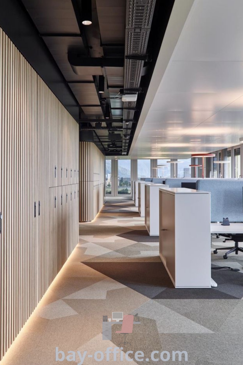 Open ceiling office featuring cubicles and desks, showcasing modern design ideas and productive workspace decor. Ideal for transforming your office on a budget, explore more inspiring decor ideas for small spaces at bay-office.com.