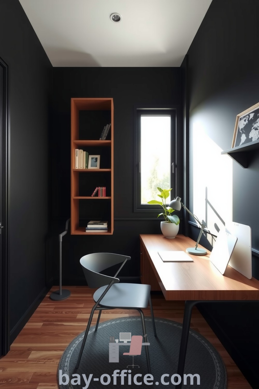 Minimalist home office featuring deep black walls, a warm wooden desk, a streamlined chair, and a large window providing natural light. Decor elements include sparse shelving with books and a small plant, creating an inviting atmosphere that promotes creativity and focus. Discover inspiring design trends at bay-office.com.