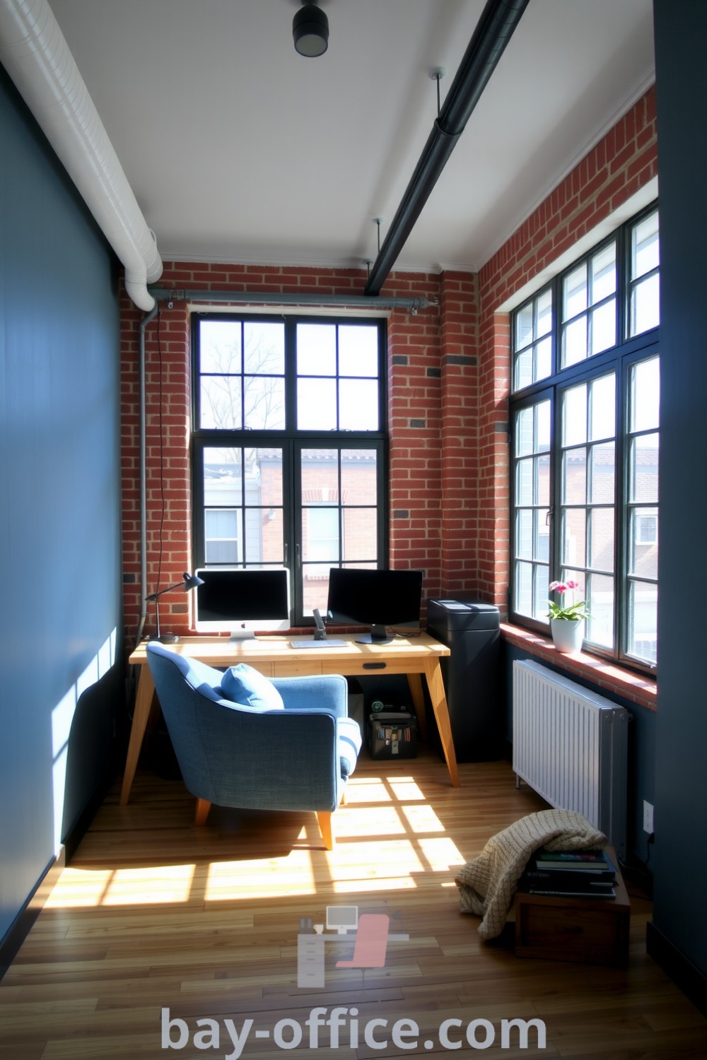 Loft home office with soothing blue walls, exposed brick, a reclaimed wood desk, and abundant sunlight from industrial windows, designed for productivity and comfort. Ideas You