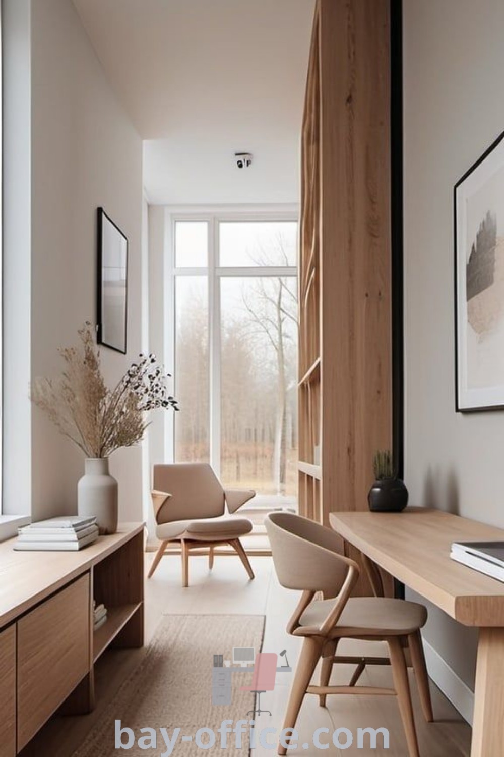 Scandinavian interior study room featuring wooden furniture and large windows, showcasing a cozy aesthetic and functional design elements. Ideal for enhancing productivity and creating a serene workspace. Discover inspiring ideas and decorating tips at bay-office.com.