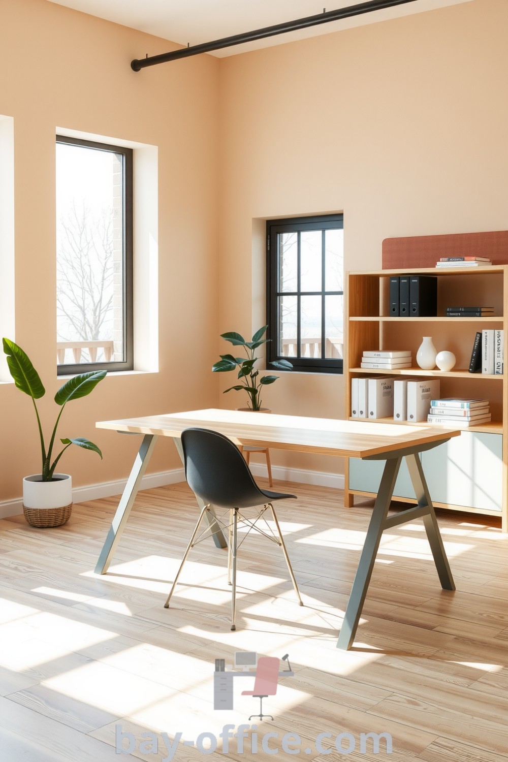 Minimalist corporate office with warm beige walls, a simple wooden desk, a metal chair, and a potted plant, designed to inspire productivity and comfort in a welcoming atmosphere. Discover design trends and cozy decor ideas at bay-office.com.