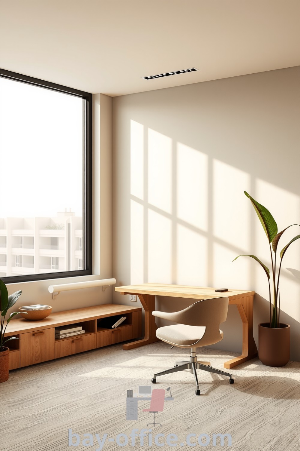 Minimalist corporate office decorated in soothing beige tones with large windows, a wooden desk and curved chair, and potted plants. Ideal for inspiring productivity and creating a cozy, serene workspace. Discover design trends at bay-office.com.