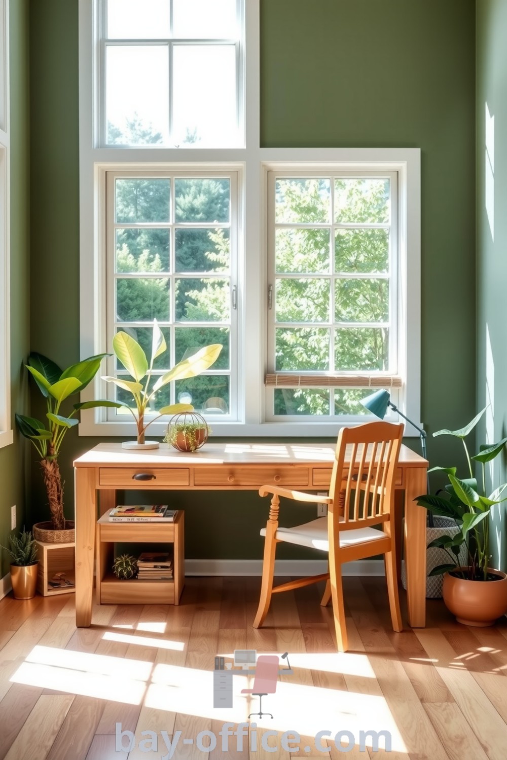 Nature-inspired home office featuring light wooden furniture, earthy green walls, large windows, and vibrant plants, designed to evoke tranquility and productivity. Discover more inspiring decor ideas for small spaces at bay-office.com.