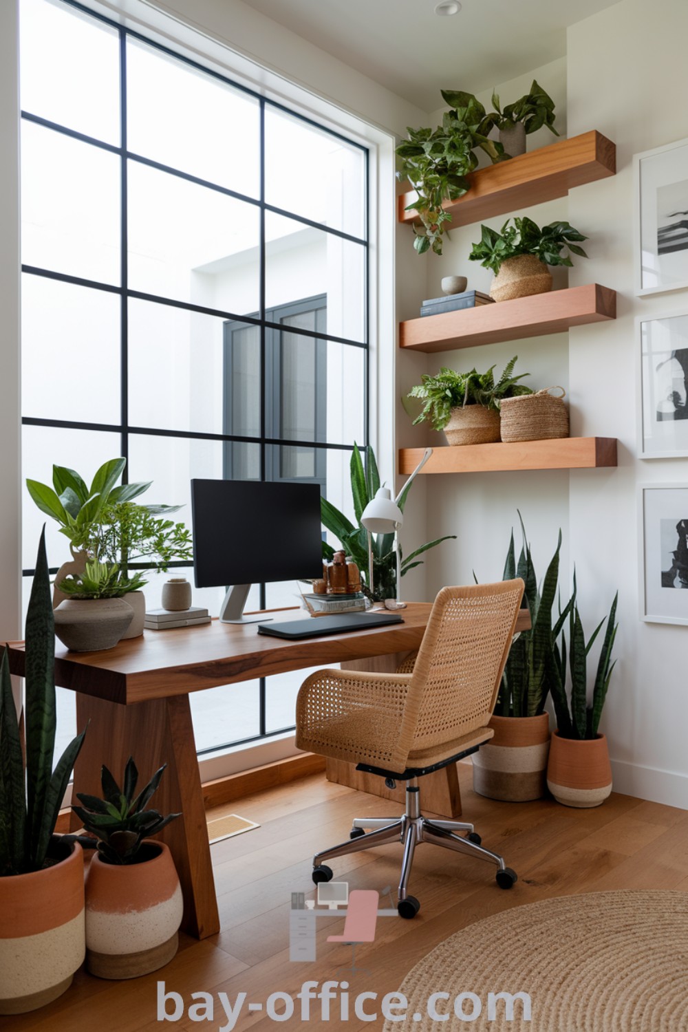Biophilic home office featuring plants on shelves, a computer desk, and vintage poster art in front of a large window. This cozy aesthetic provides decor ideas for small spaces and inspires productivity, perfect for enhancing your work-from-home experience at bay-office.com.