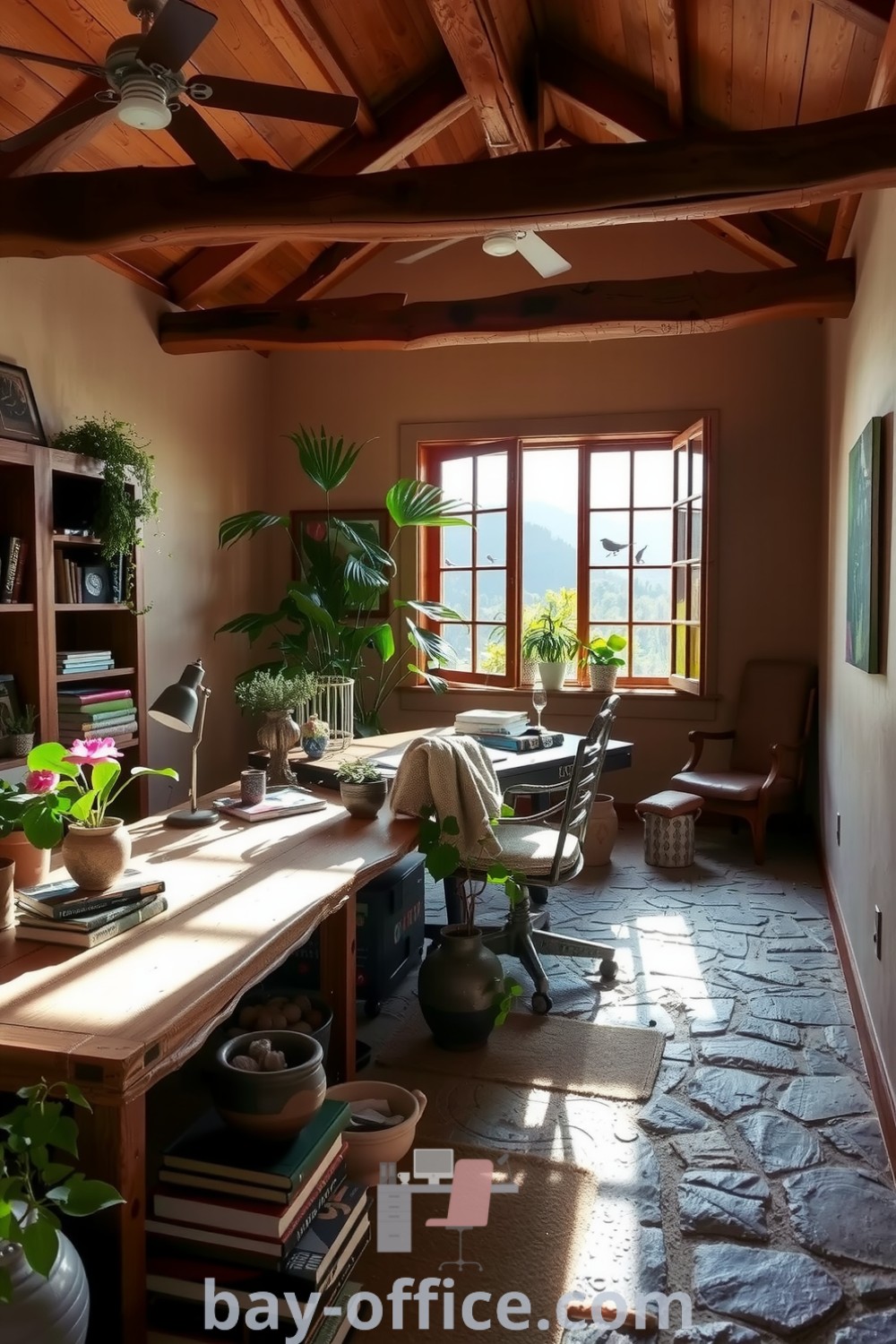 Nature home office featuring earthy tones, natural wood beams, and sunlight filtering through a large window, creating a cozy aesthetic that inspires productivity. Discover more design ideas and tips at bay-office.com.
