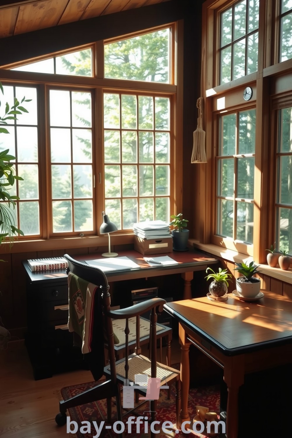 Cozy cabin home office featuring a wooden desk, leather chair, large windows, and lush greenery, designed to inspire productivity and create a tranquil workspace. Discover more ideas at bay-office.com.