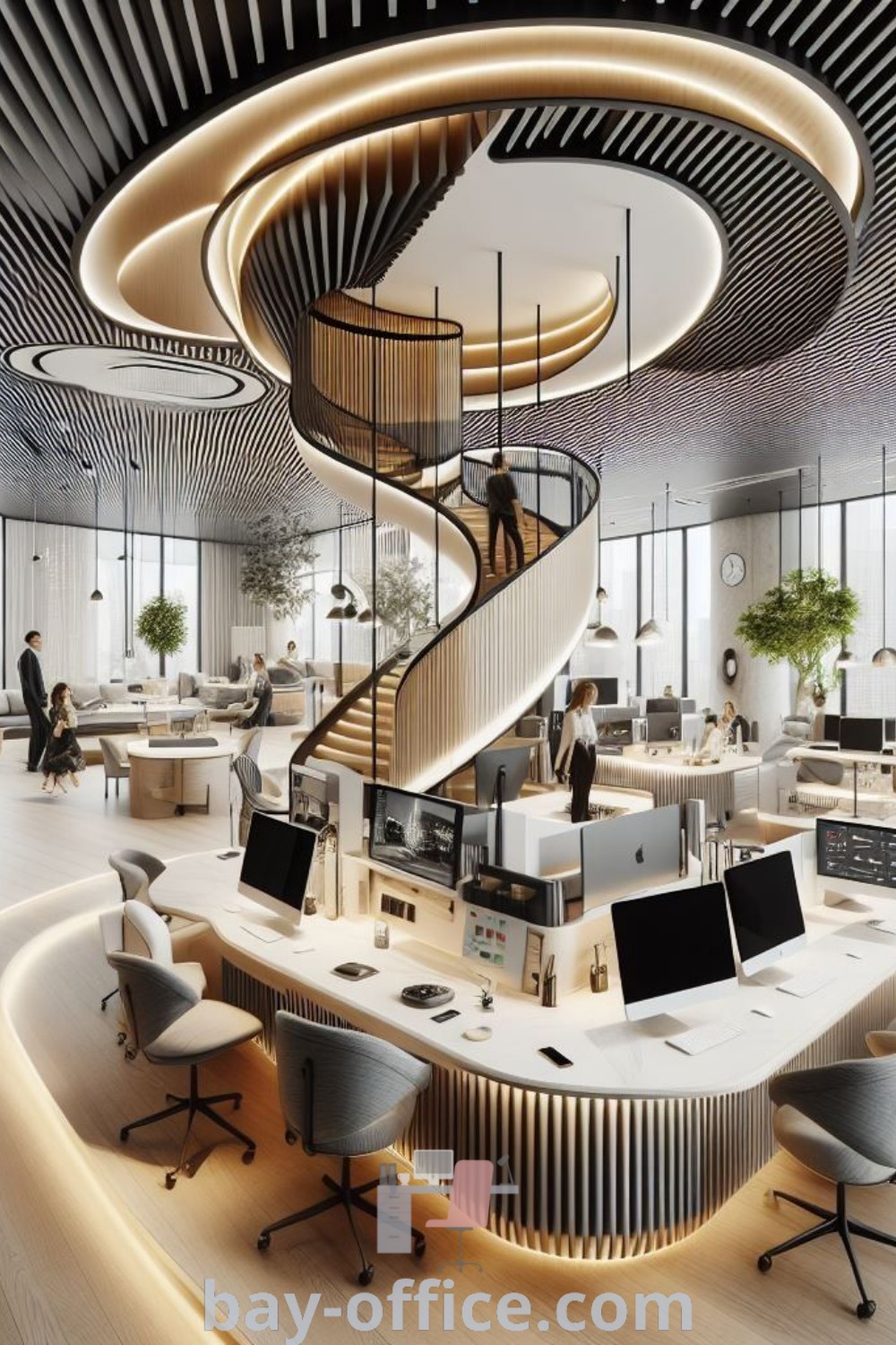 Dynamic office design with spiral stairs and sleek desks, creating an inspiring workspace ideal for small coworking spaces. Discover modern tech office design trends and ideas at bay-office.com.