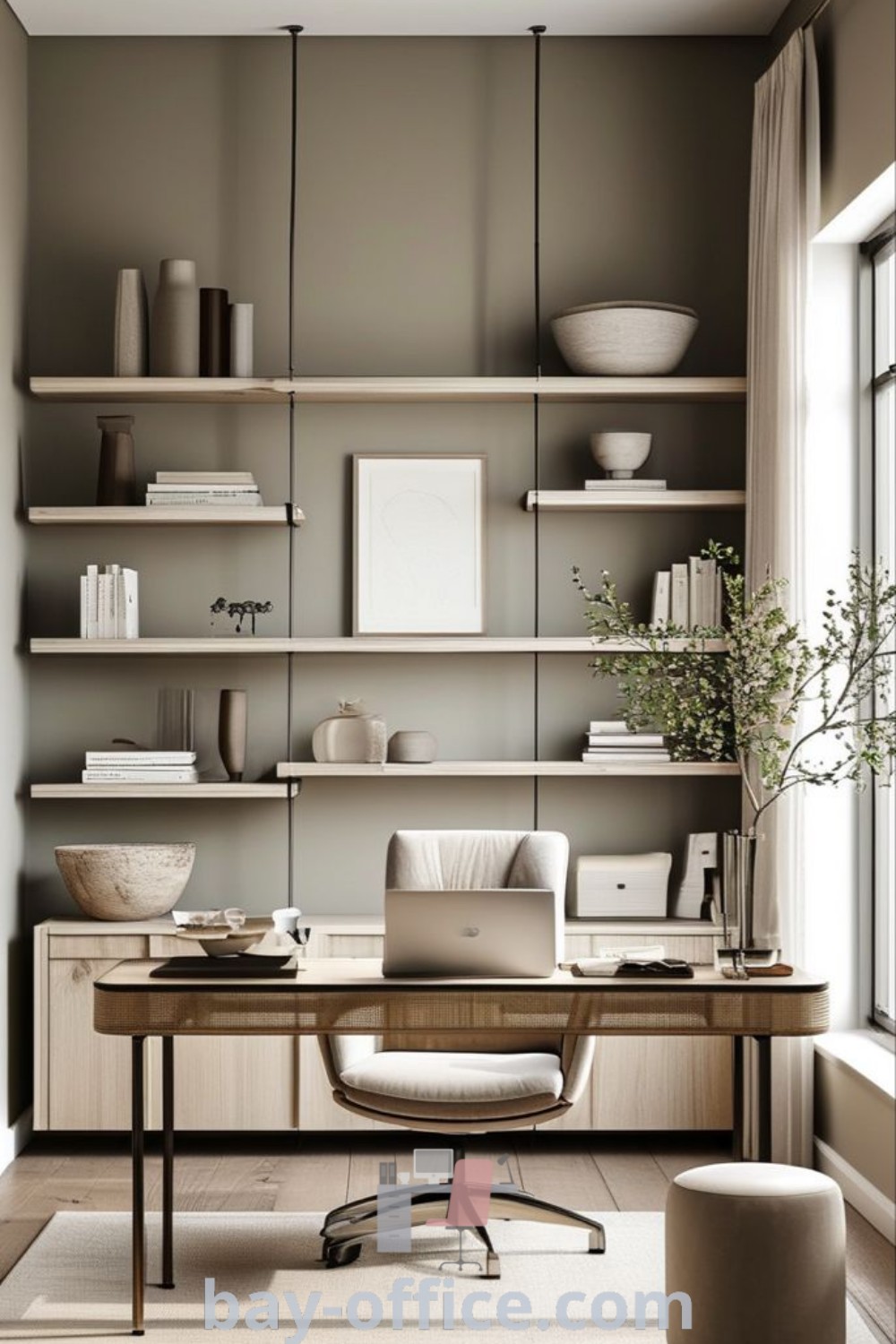 Modern Japandi office design featuring shelves, a desk, and chair in a serene setting, showcasing warm minimalist decor and ideas for a cozy workspace. Explore design trends and decorating ideas at bay-office.com.