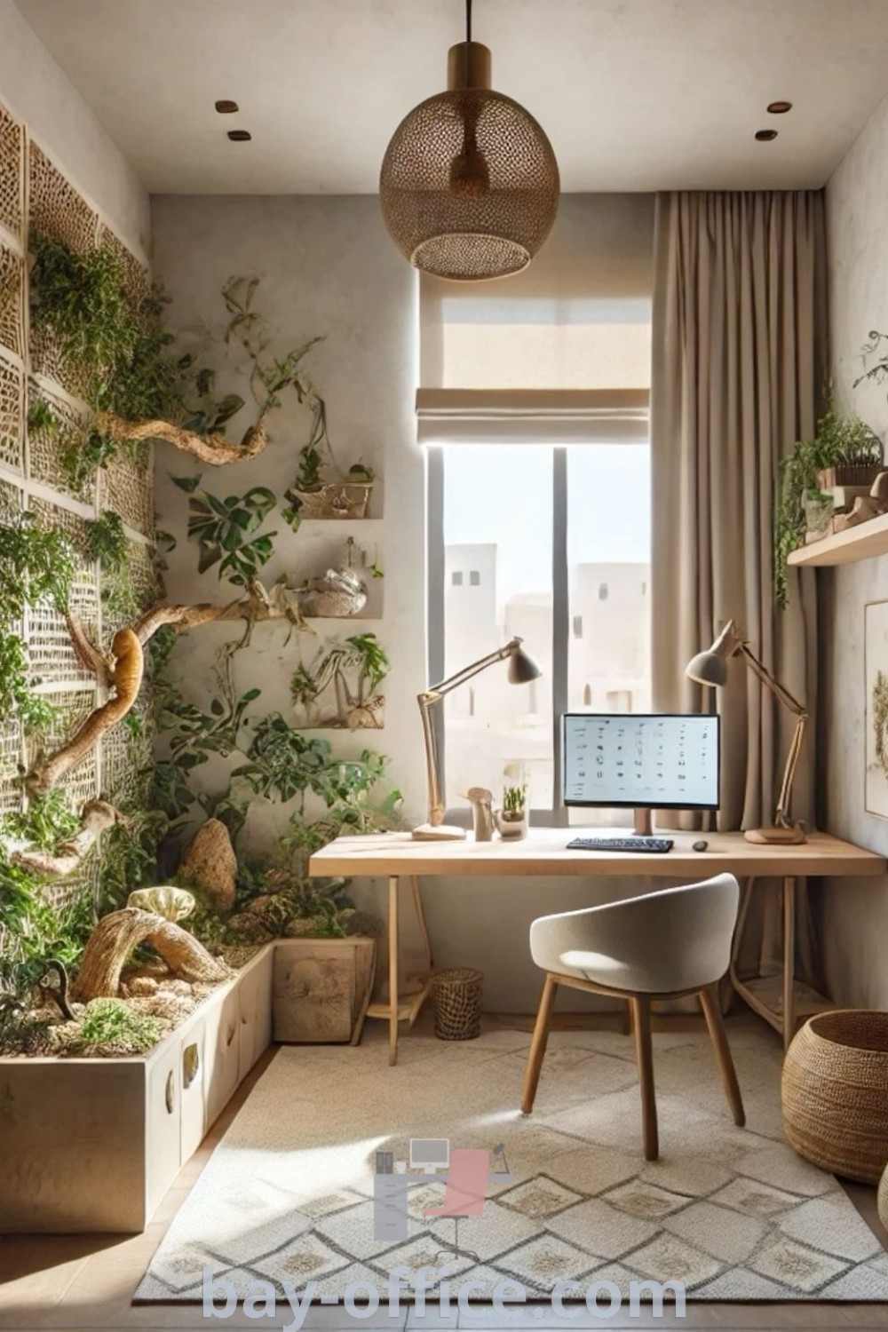 A cozy home office with plants on the wall and desk in front of a window, featuring stylish decor ideas that inspire productivity. Discover mens rings fashion and design tips for your workspace at bay-office.com.