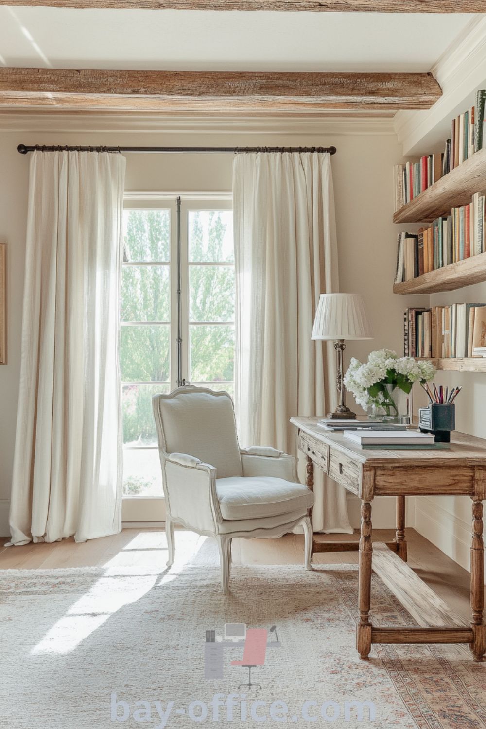 Elegant French country home office with rustic wooden beams, pastel walls, vintage desk, and plush armchair, inspiring productivity and comfort. Discover cozy aesthetic design tips and ideas you