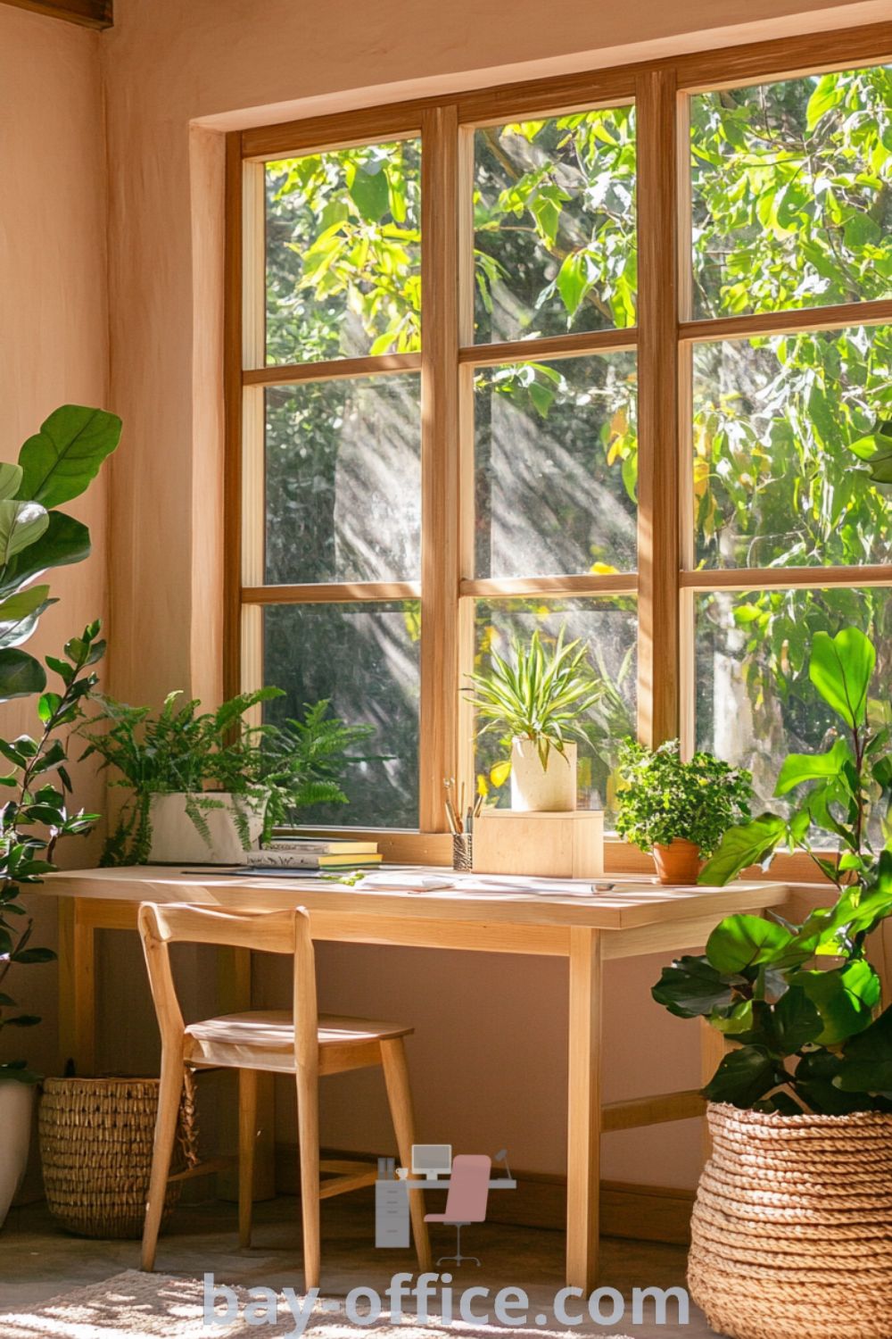 A nature-inspired home office featuring large windows, rustic wooden beams, soft pink walls, and a sturdy wooden desk adorned with plants, creating a cozy and inspiring workspace. Perfect design ideas for enhancing productivity and tranquility while working from home. Find more ideas at bay-office.com.