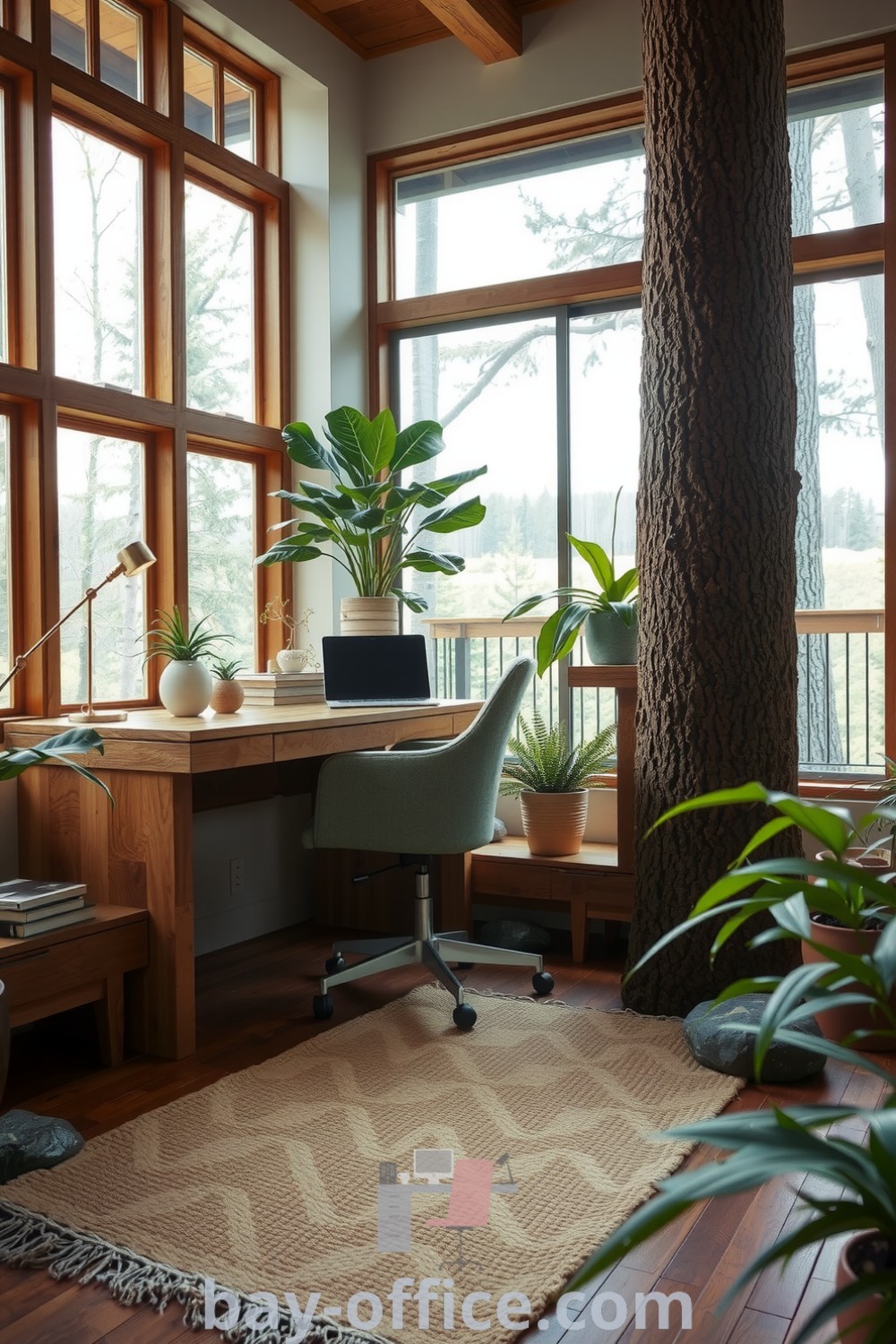 Home office blending reclaimed timber desk, large windows, indoor plants, and stone accents, creating a serene atmosphere that inspires productivity. Ideal for small spaces and a cozy aesthetic, check out more at bay-office.com.