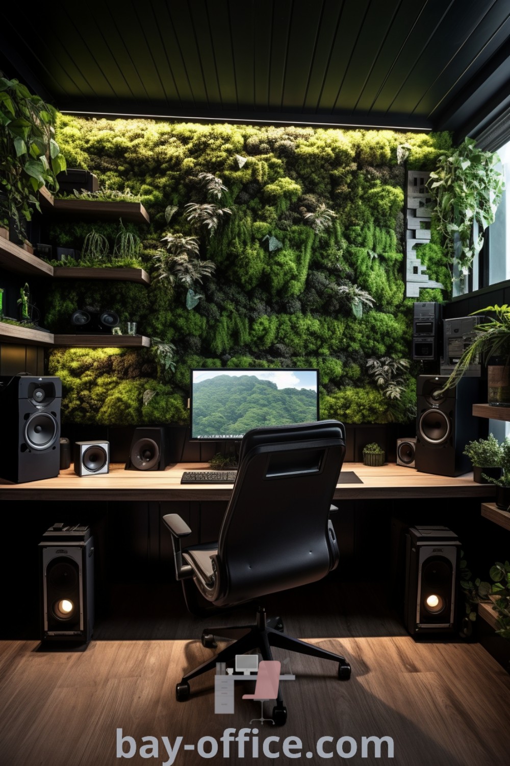 Workspace setup with a computer and speakers in front of a moss-covered wall, showcasing plant gaming room ideas and cool desk designs for enhancing productivity and aesthetics. Discover inspiring design tips and decor ideas for small spaces at bay-office.com.