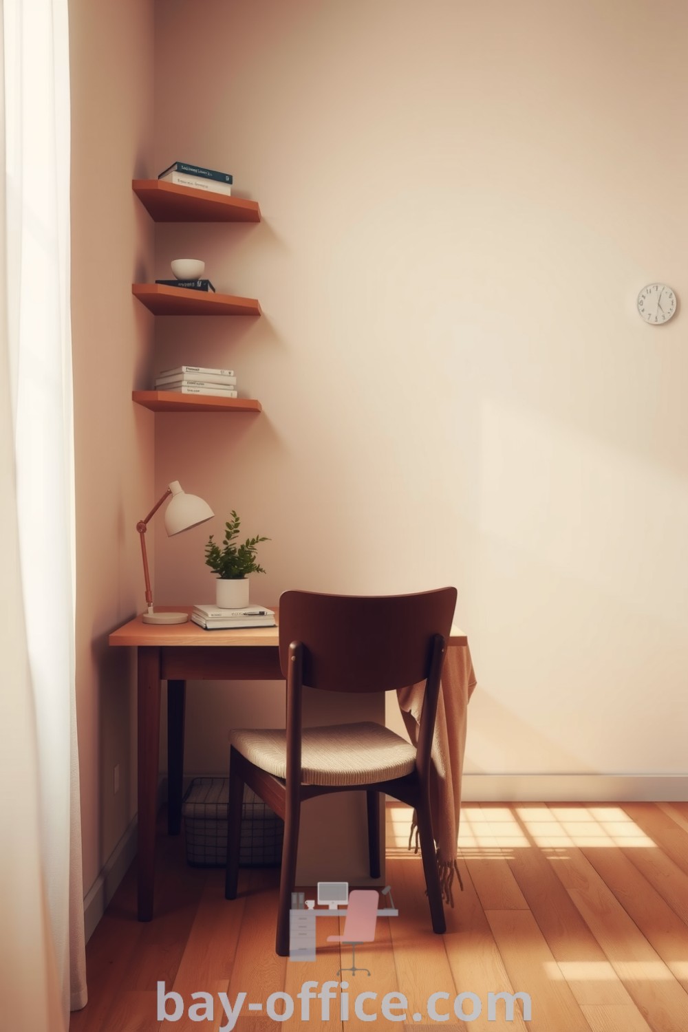 Minimalist home office with soft beige decor, wooden desk, cozy armchair, and floating shelves showcasing books and plants, offering a serene atmosphere that promotes productivity. Discover inspiring decor ideas for small spaces at bay-office.com.