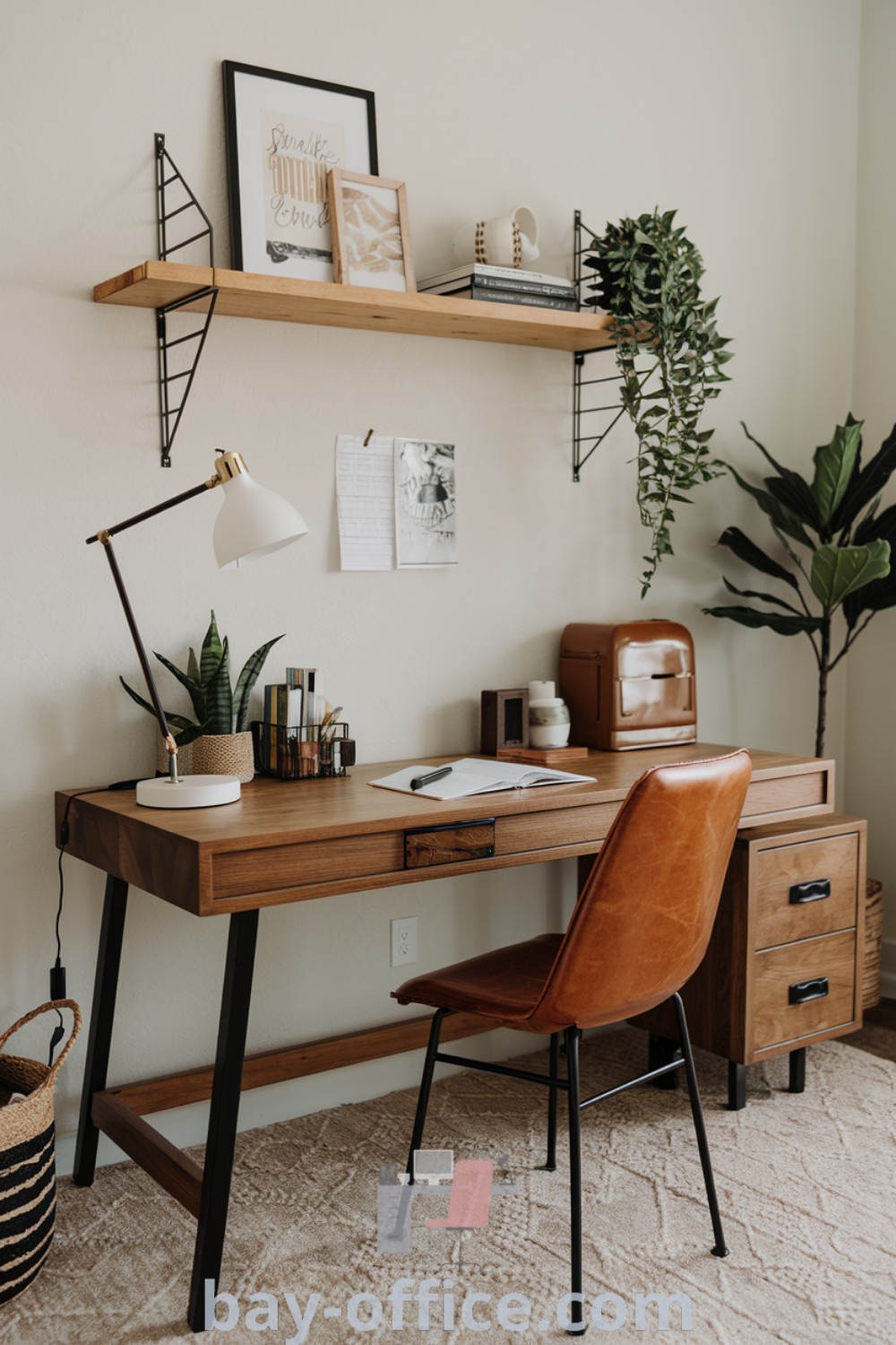 Wooden desk topped with a brown chair next to a shelf filled with books and plants in an organic modern decor office, showcasing a cozy aesthetic and design ideas for small spaces. Discover the best home study room inspiration and more at bay-office.com.